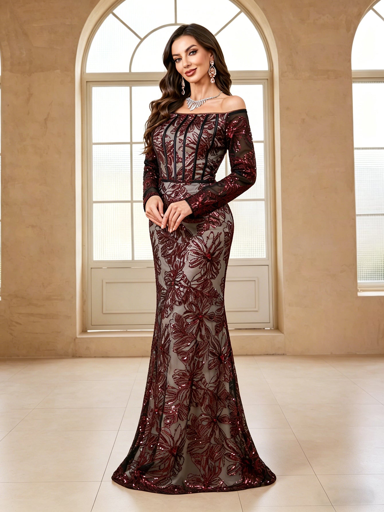 Tailored Off Shoulder Sequin Embroidered Long Dress