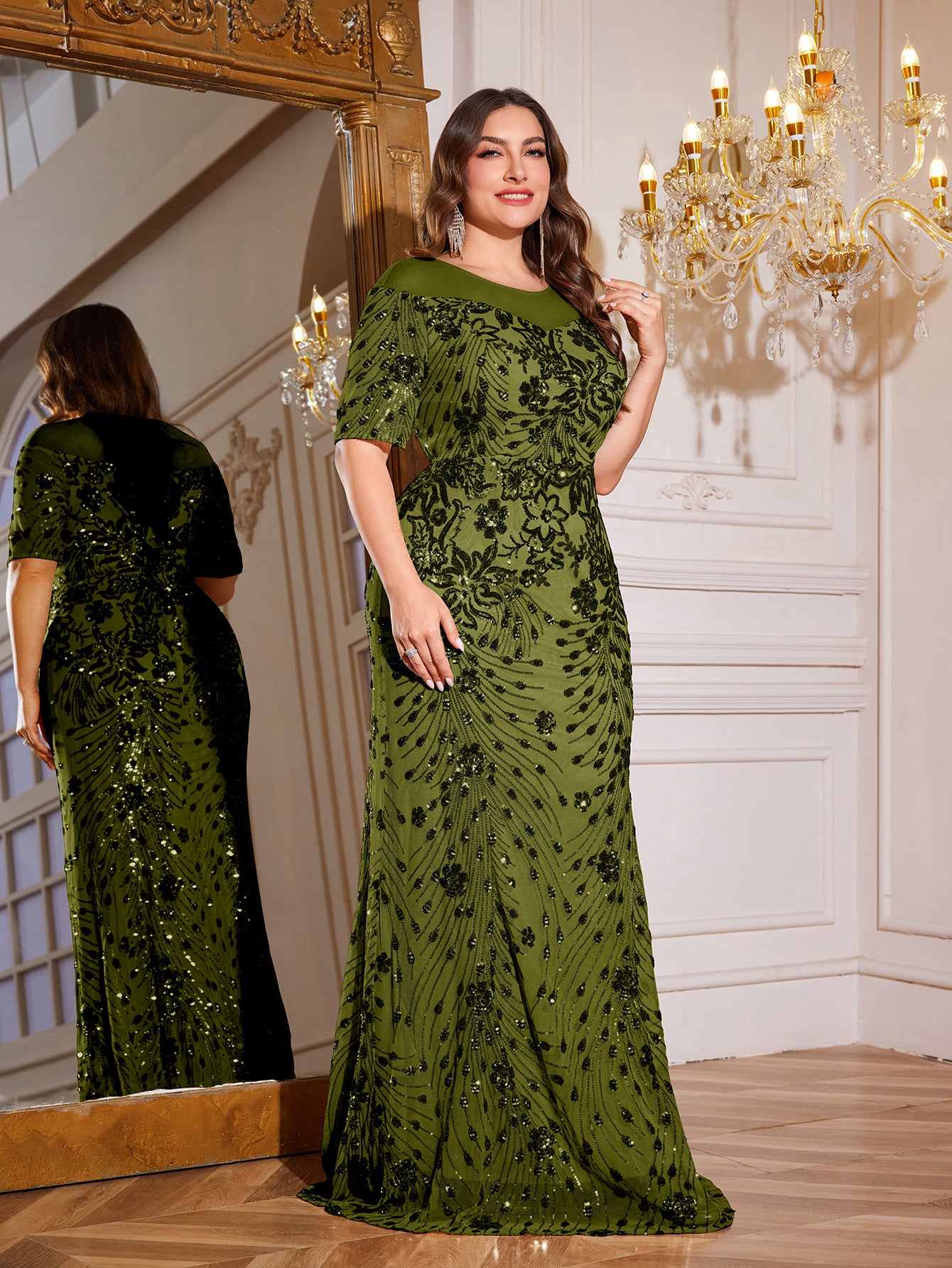 Teal Green Sequin Short Sleeve Mermaid Plus Size Evening Gown