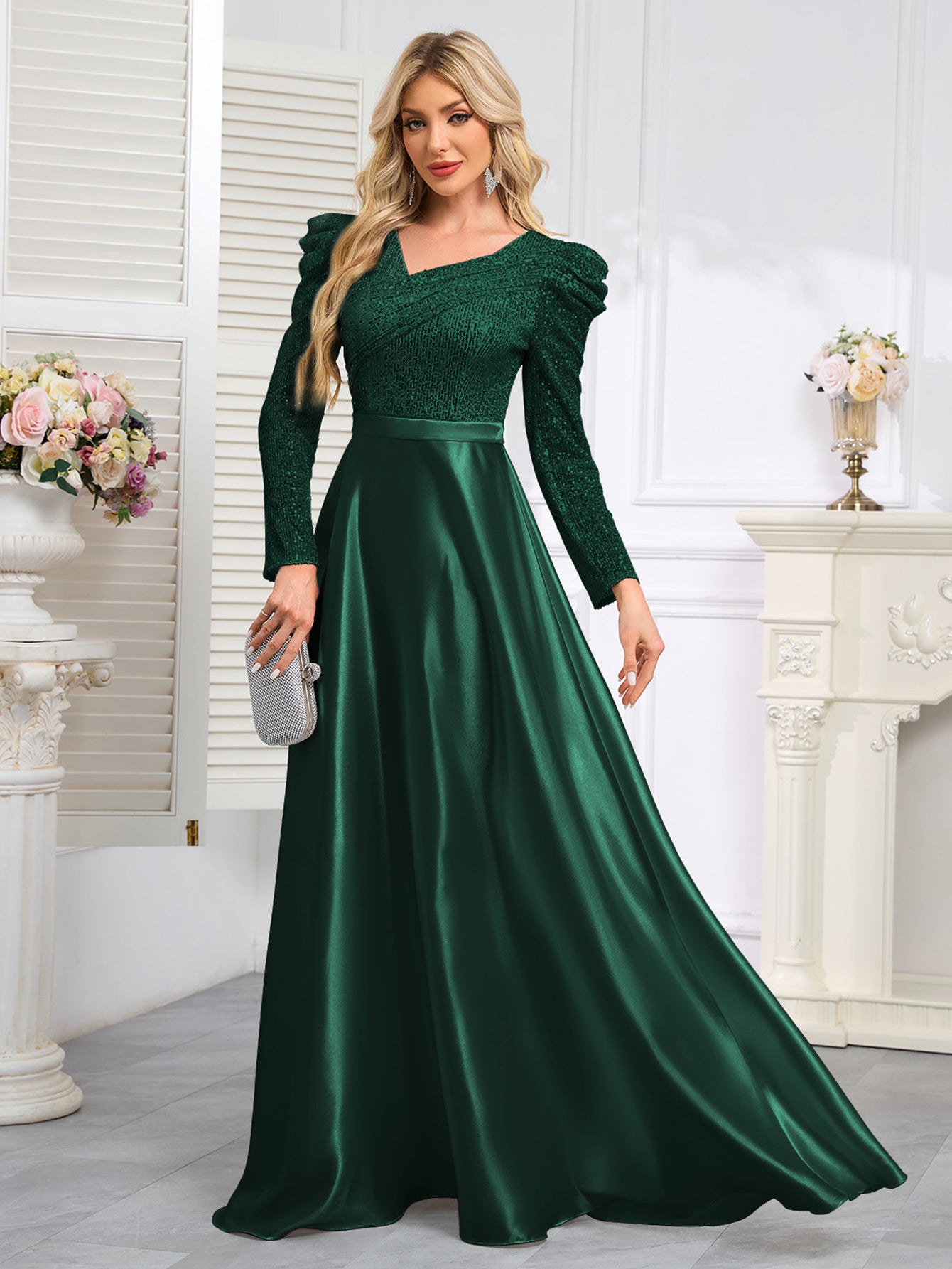 Dark Blue Satin Sequin Maxi Dress