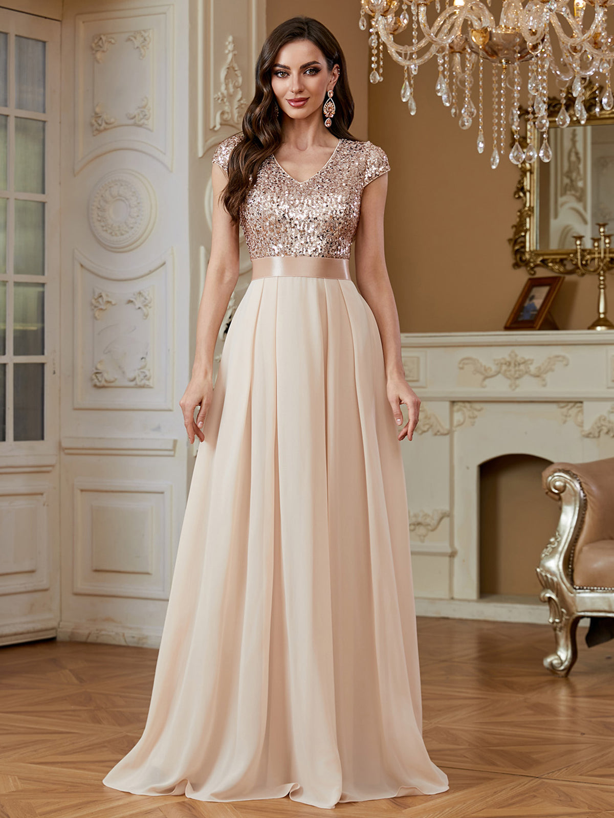 Champagne Sequin Cap Sleeve V Neck A Line Long Evening Dress