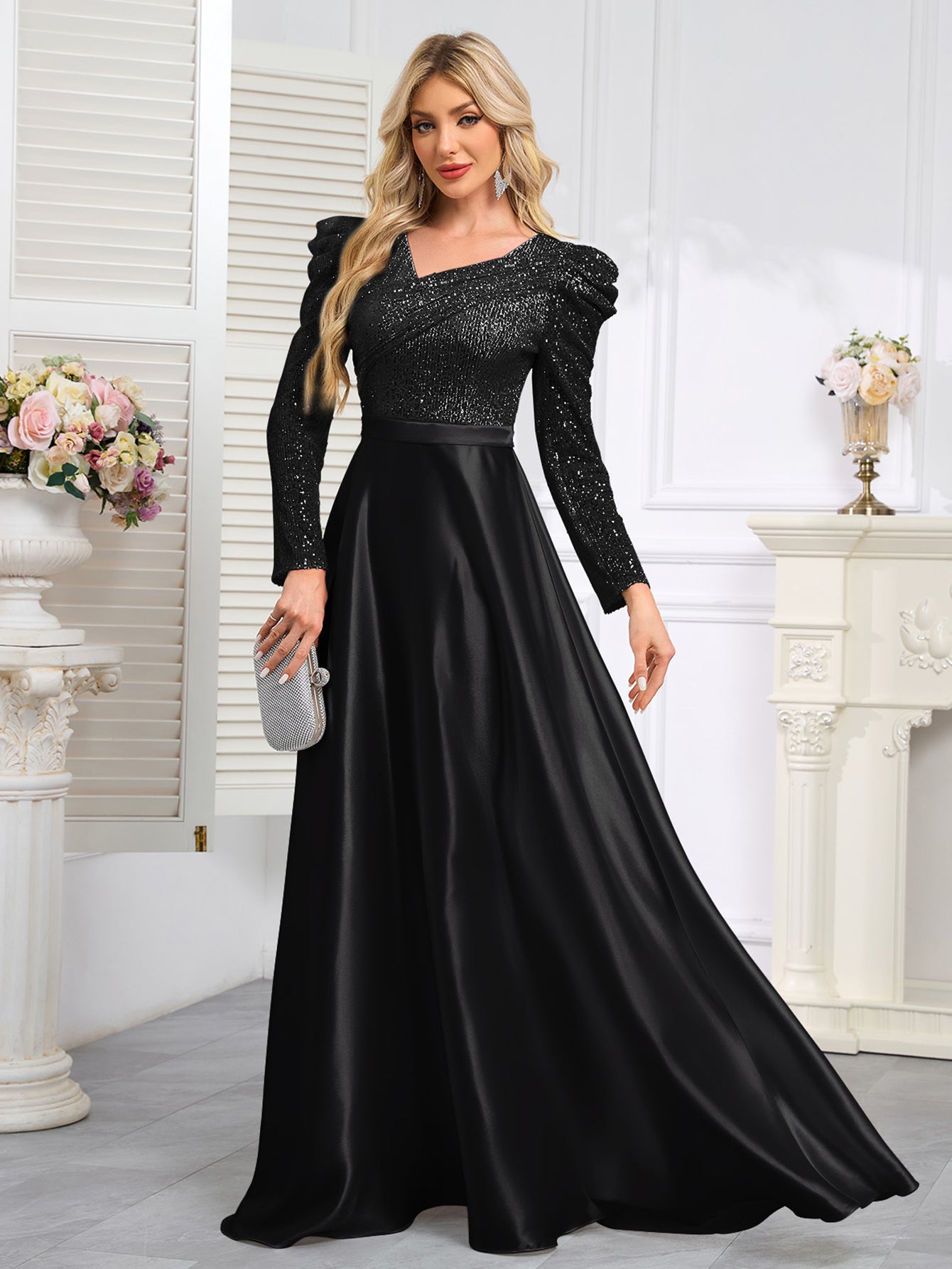 Dark Blue Satin Sequin Maxi Dress