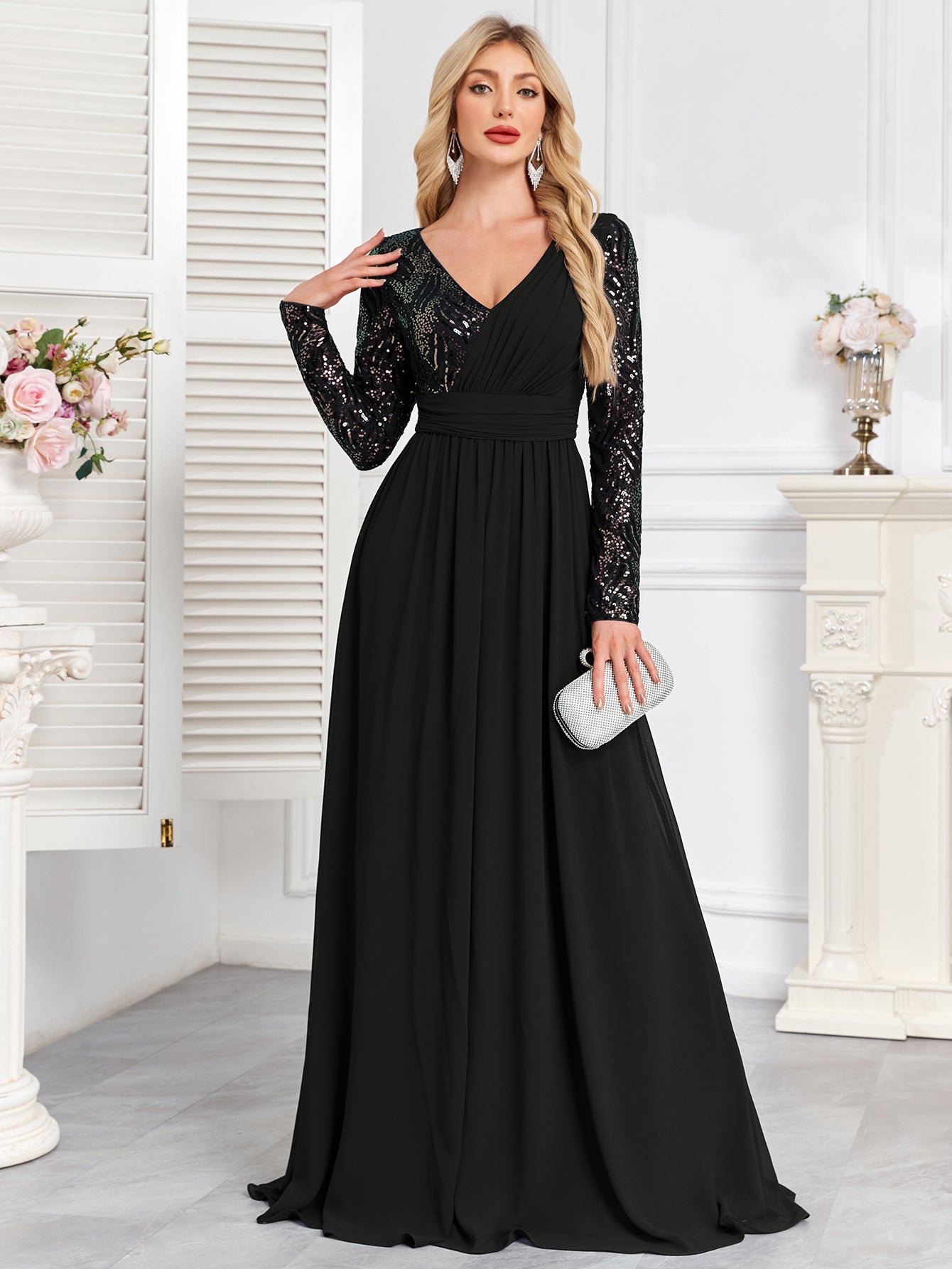 Navy Blue Multicolor Sequin Long Sleeve A‑Line Evening Gown