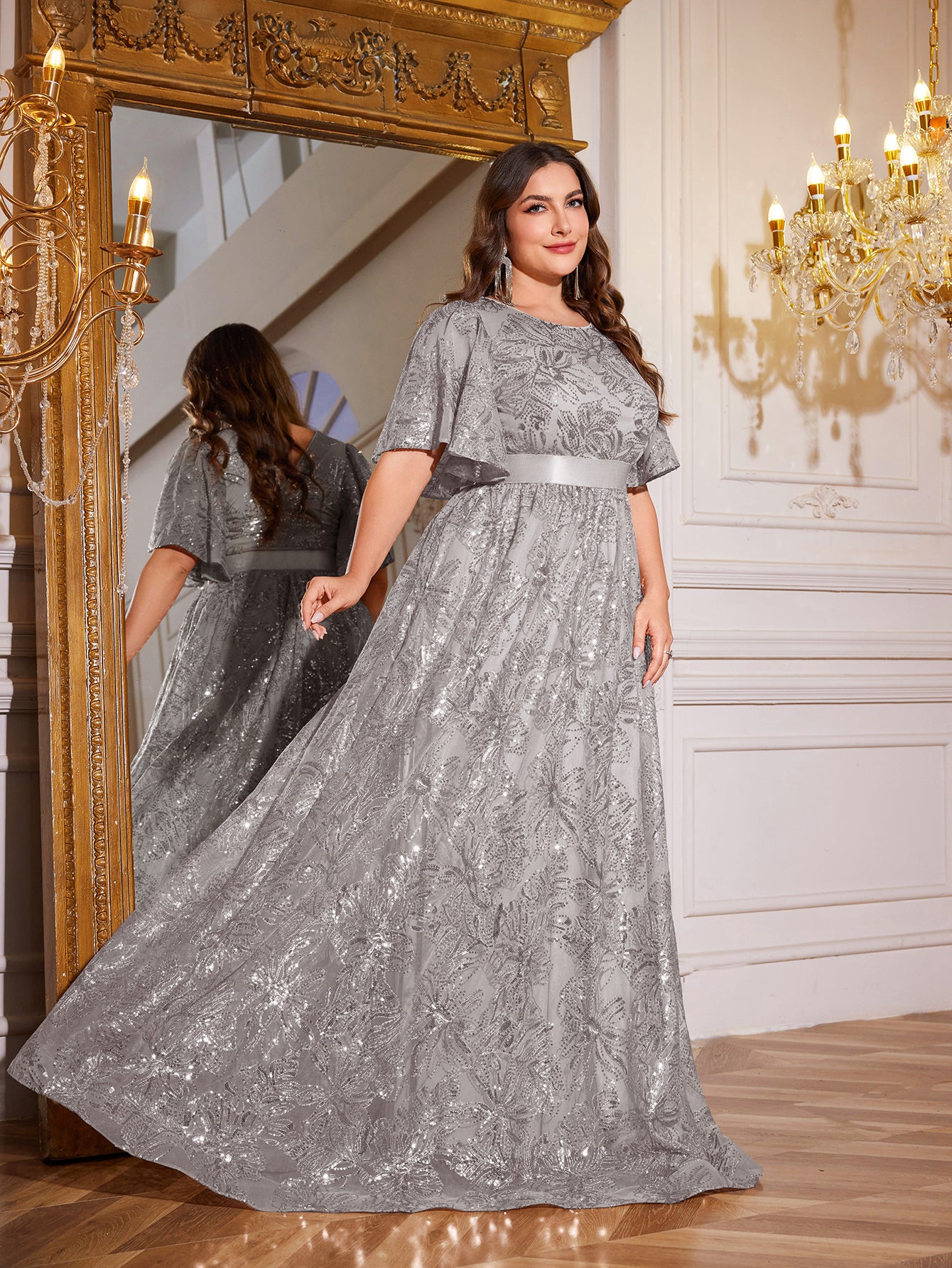 Rose Gold Sequin Flutter Sleeve Empire Waist A‑Line Plus Size Evening Gown