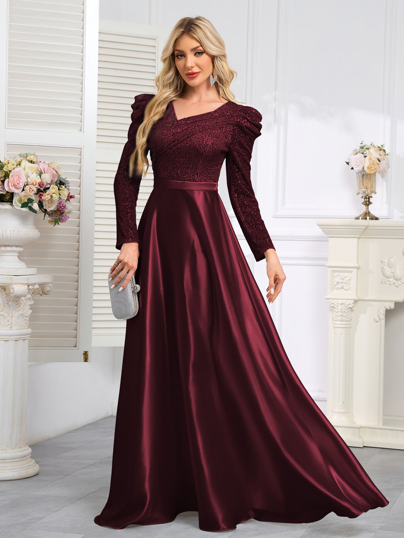 Dark Blue Satin Sequin Maxi Dress