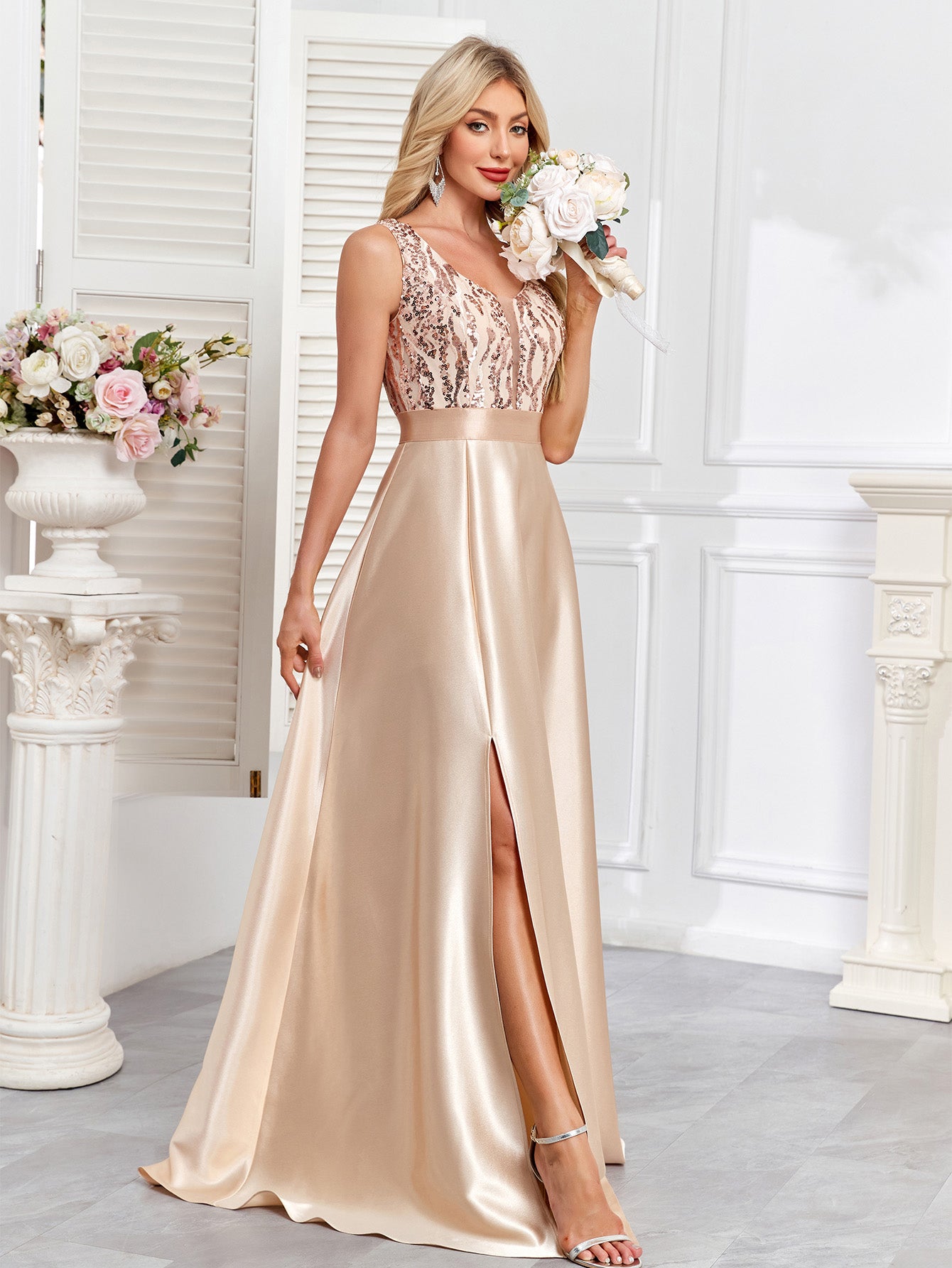 Champagne Sequin Satin Sleeveless High Slit A-Line Evening Gown