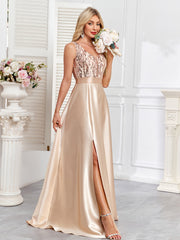 Champagne Sequin Satin Sleeveless High Slit A-Line Evening Gown