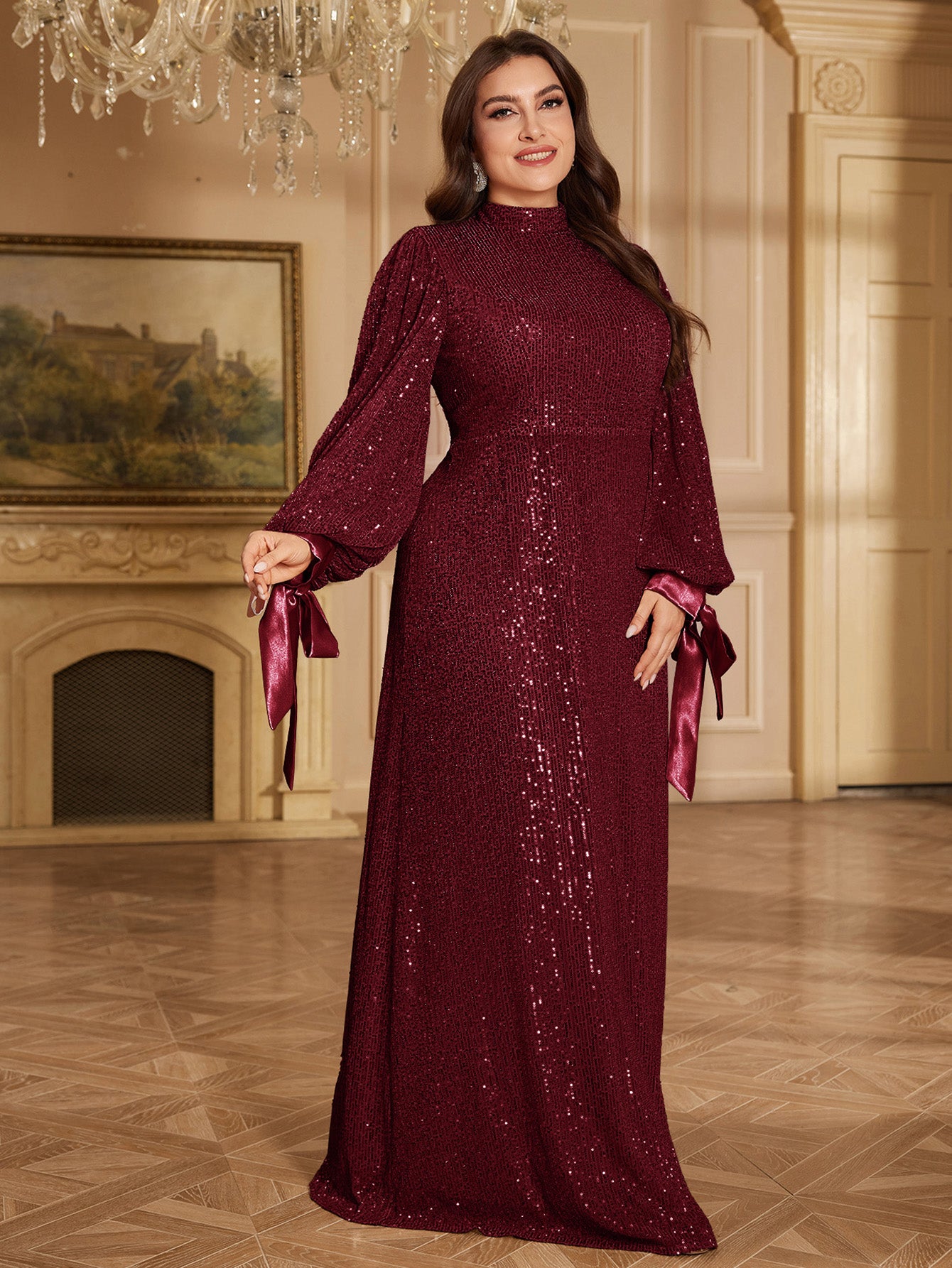 Champagne Bronze Floral Sequin Asymmetric Sleeve Mermaid Evening Gown