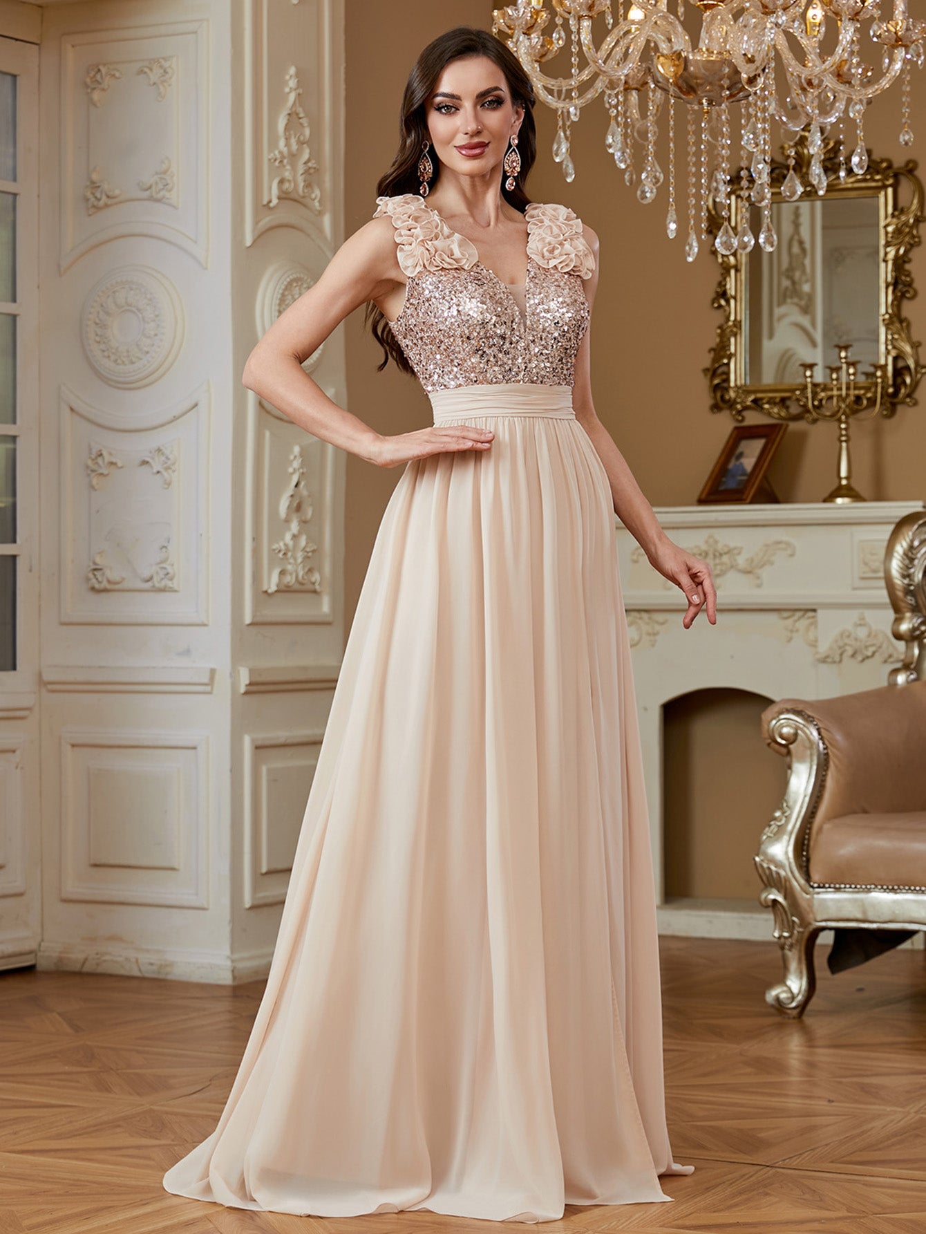 Champagne Sequin Floral V Neck Split A Line Long Evening Dress