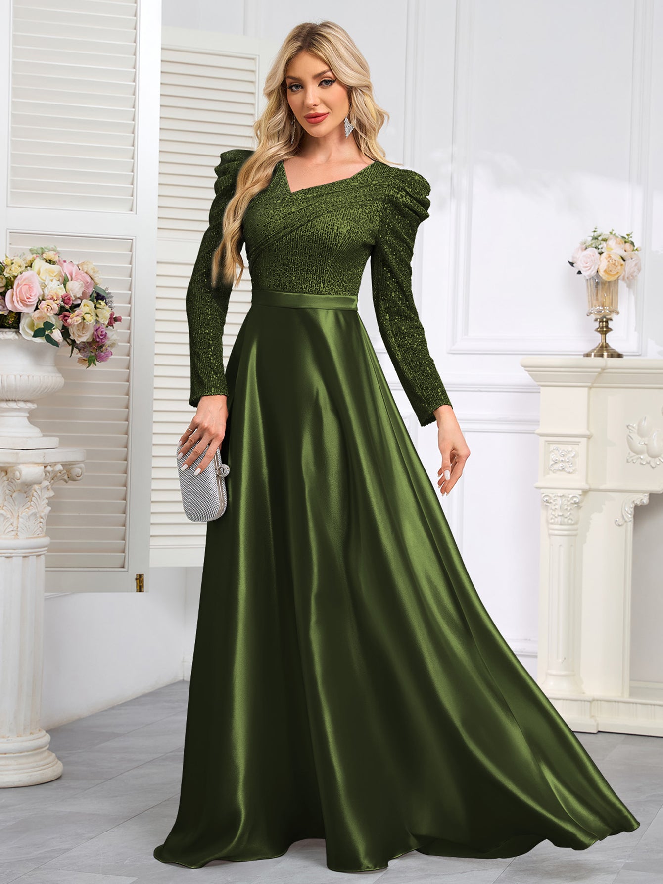 Dark Blue Satin Sequin Maxi Dress