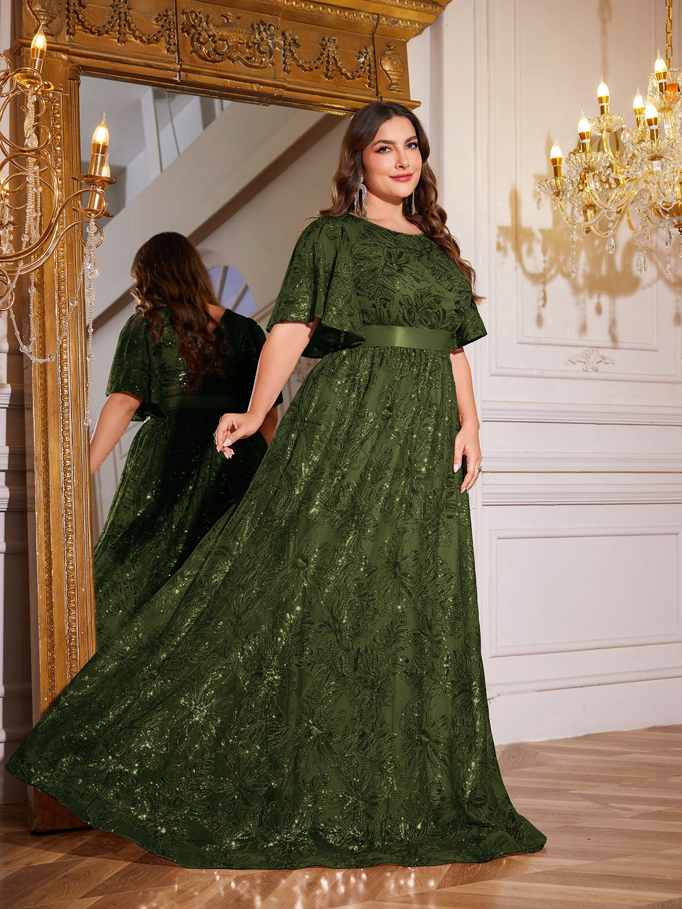 Rose Gold Sequin Flutter Sleeve Empire Waist A‑Line Plus Size Evening Gown