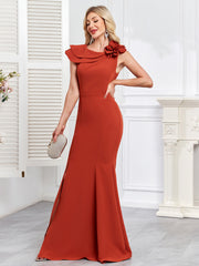 Rust 3D Flower Asymmetric Mermaid Evening Dress