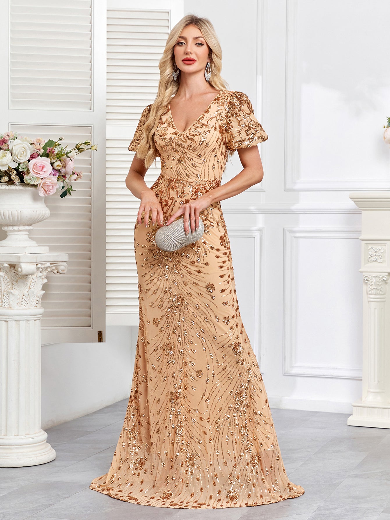 Champagne Gold Sequin Embellished V-Neck Mermaid Evening Gown