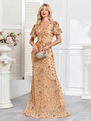 Champagne Gold Sequin Embellished V-Neck Mermaid Evening Gown