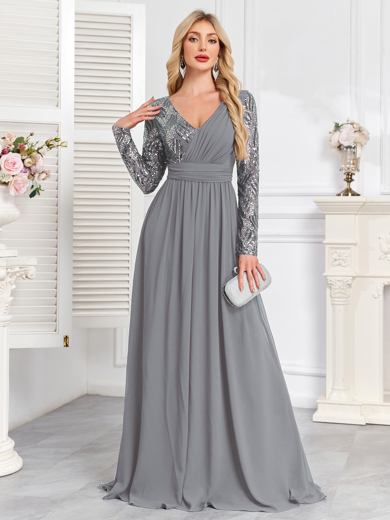 Navy Blue Multicolor Sequin Long Sleeve A‑Line Evening Gown