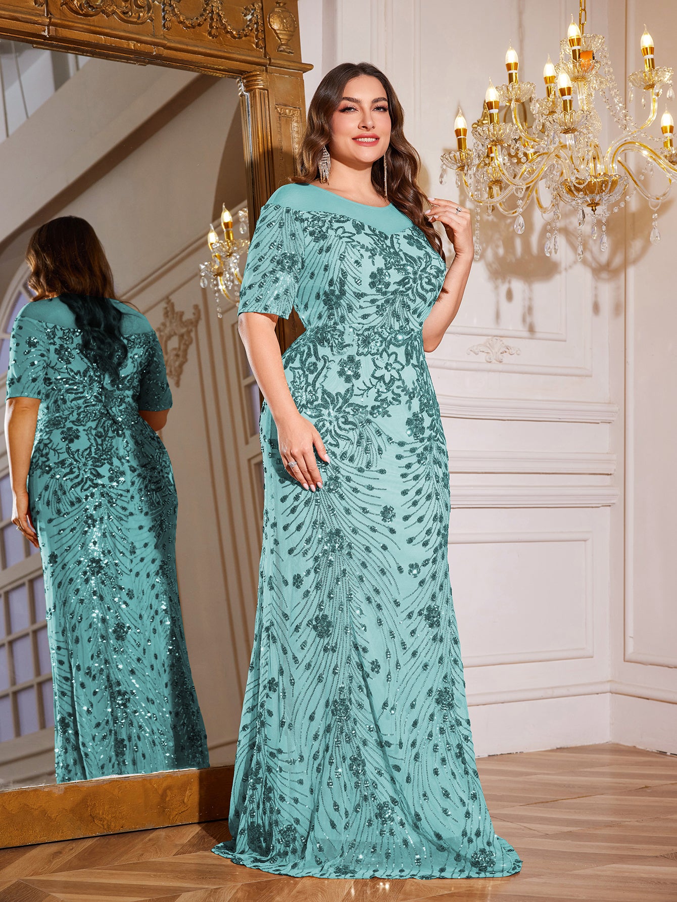 Teal Green Sequin Short Sleeve Mermaid Plus Size Evening Gown