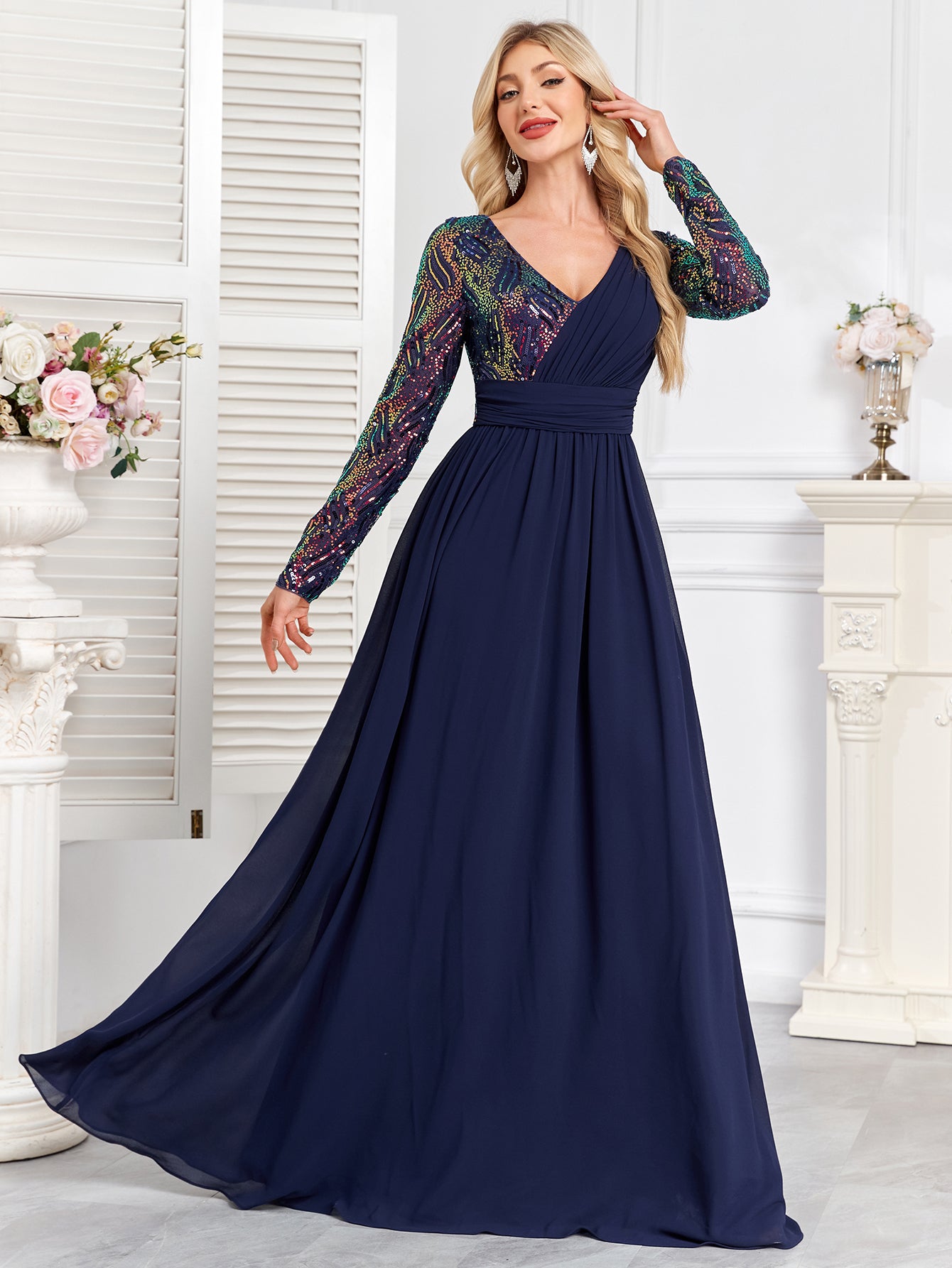 Navy Blue Multicolor Sequin Long Sleeve A‑Line Evening Gown
