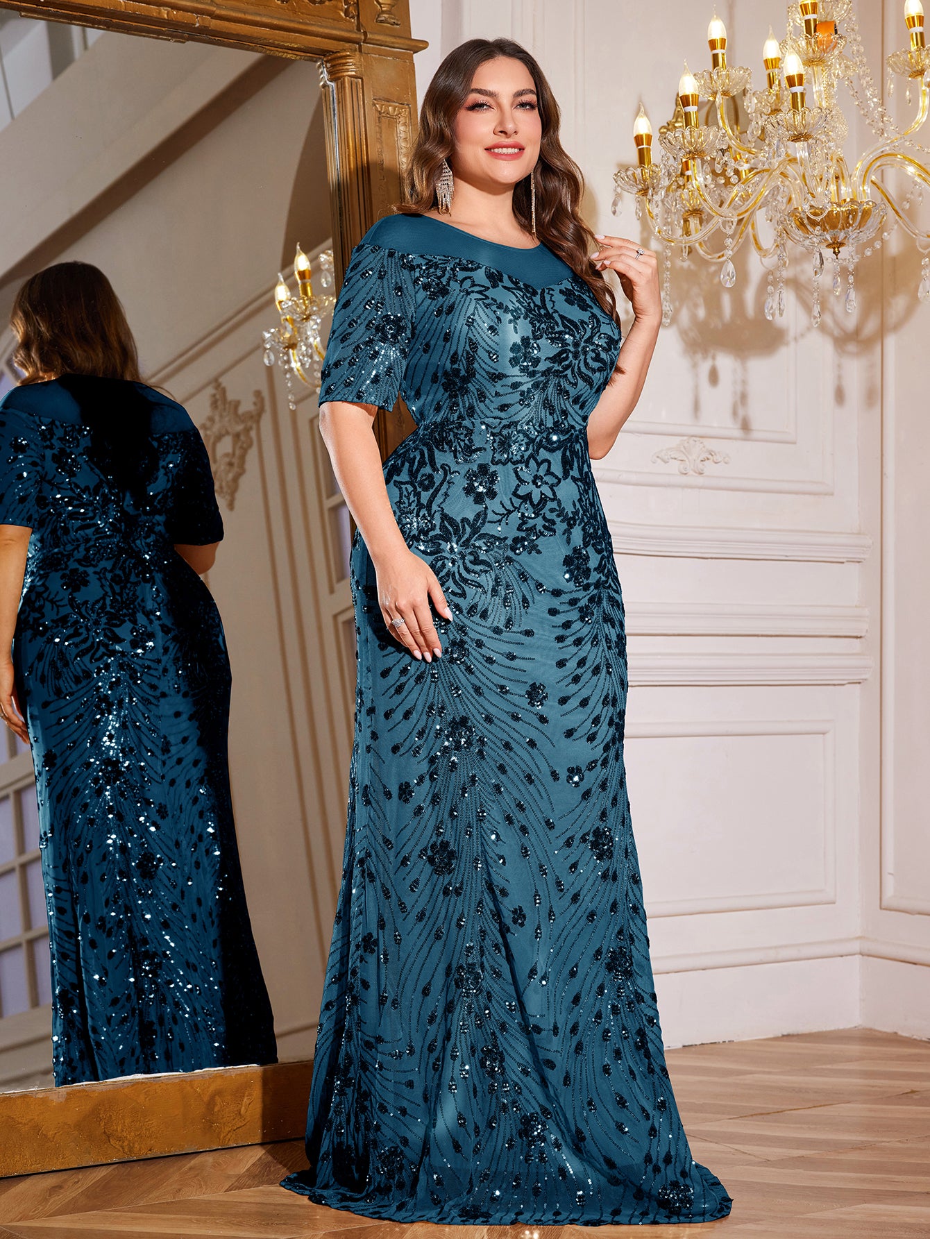 Teal Green Sequin Short Sleeve Mermaid Plus Size Evening Gown