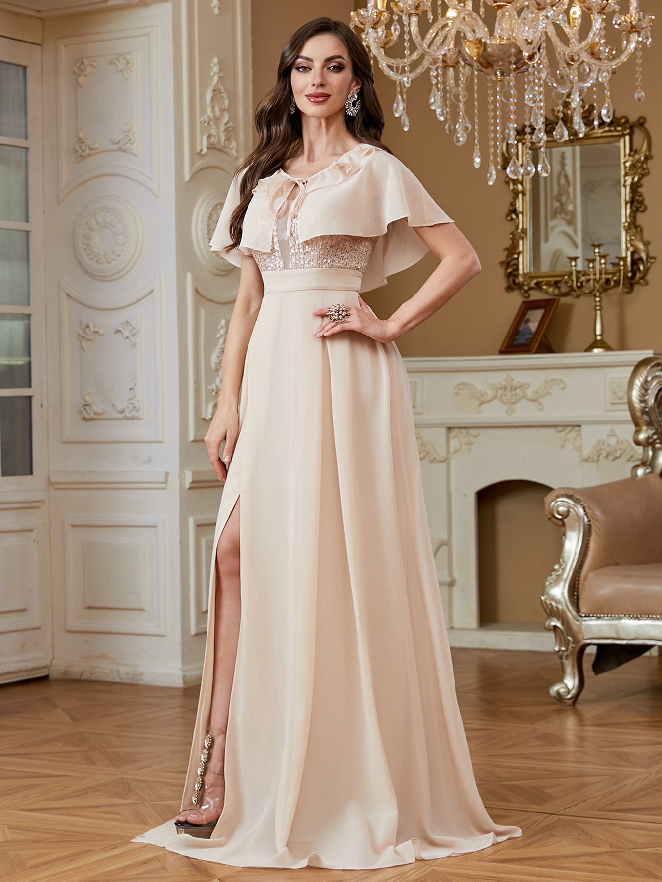 Suspender Sequined High Slit Skirt