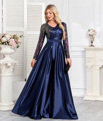 Navy Blue Embroidered Long Sleeve A-Line Satin Plus Size Evening Gown