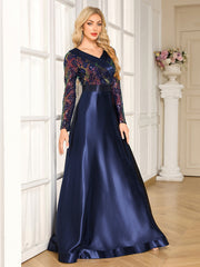 Navy Colorful Sequin Lapel V Neck Long Sleeve A-Line Floor Evening Gown