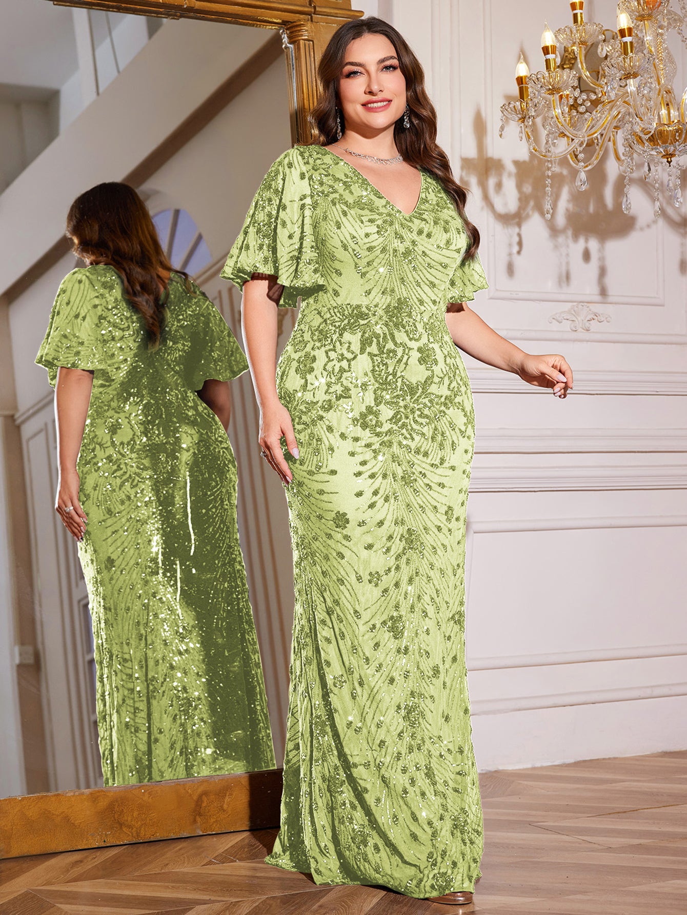 Royal Blue Sequin Flutter Sleeve Mermaid Evening Gown