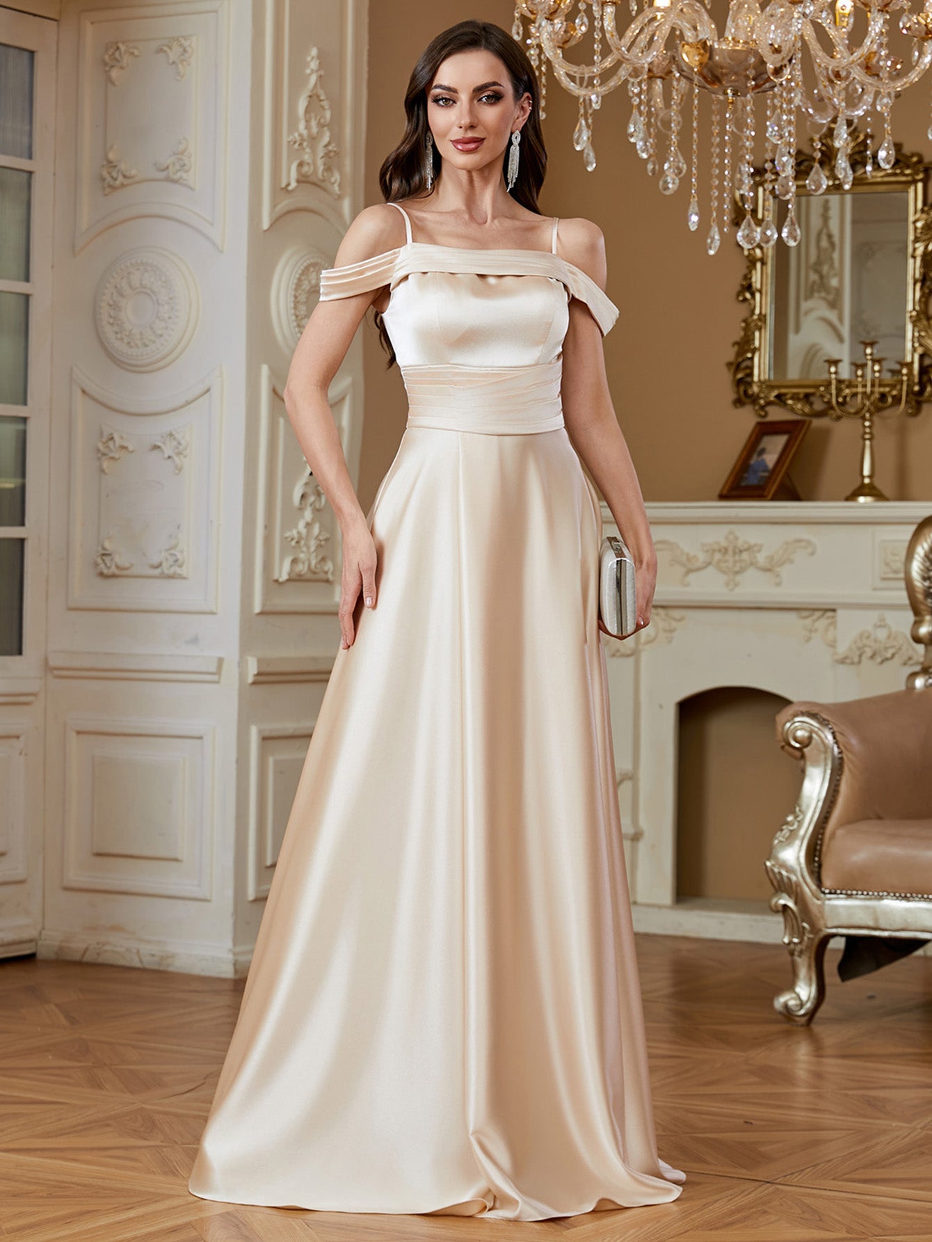 Champagne Off‑Shoulder Strap Satin A‑Line Evening Gown
