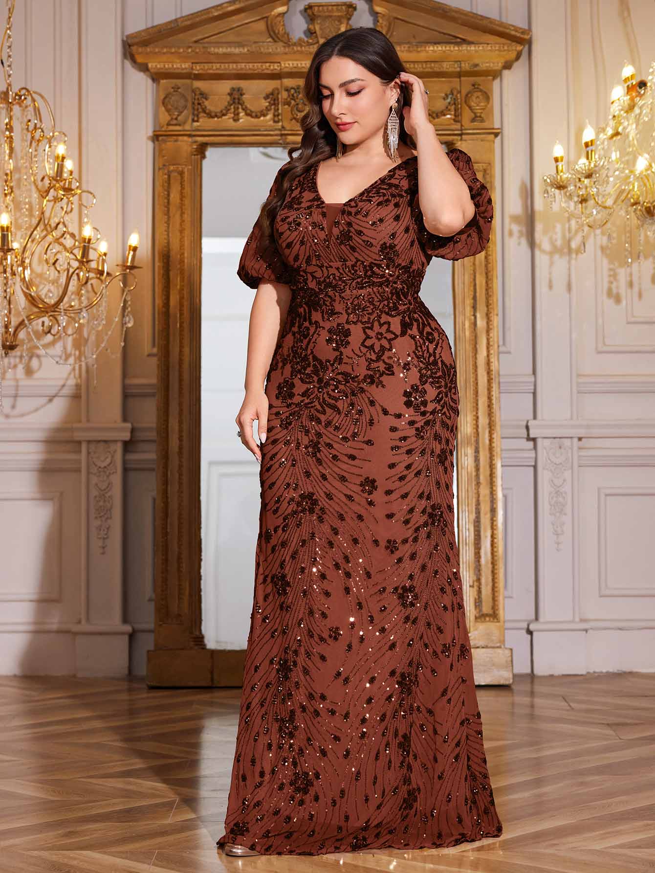 Navy Blue Sequin Puff Short Sleeve Mermaid Plus Size Evening Gown