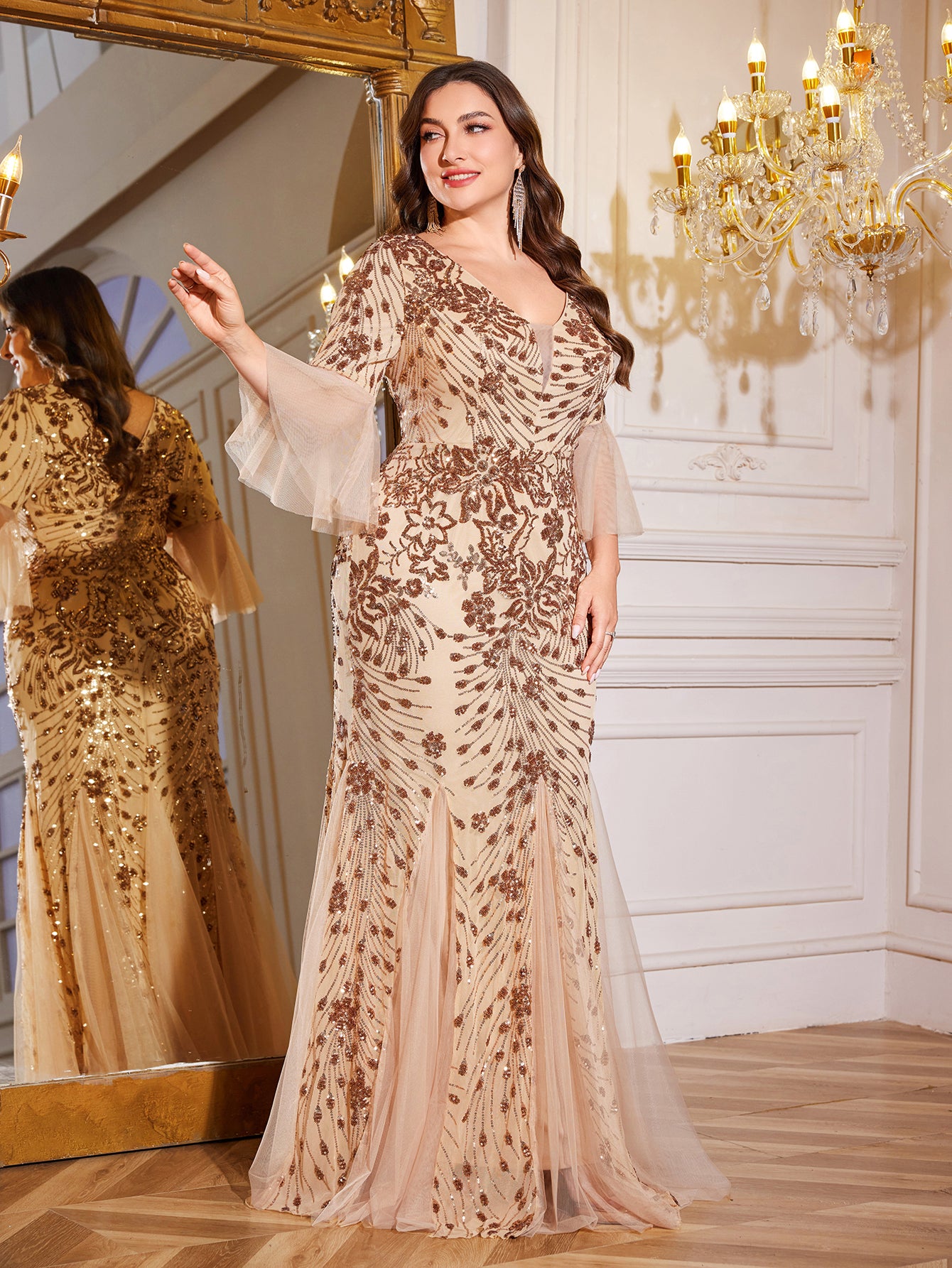 Bronze Gold Floral Sequin 3/4 Bell Sleeve Mesh Mermaid Plus Size Evening Gown