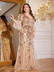 Bronze Gold Floral Sequin 3/4 Bell Sleeve Mesh Mermaid Plus Size Evening Gown