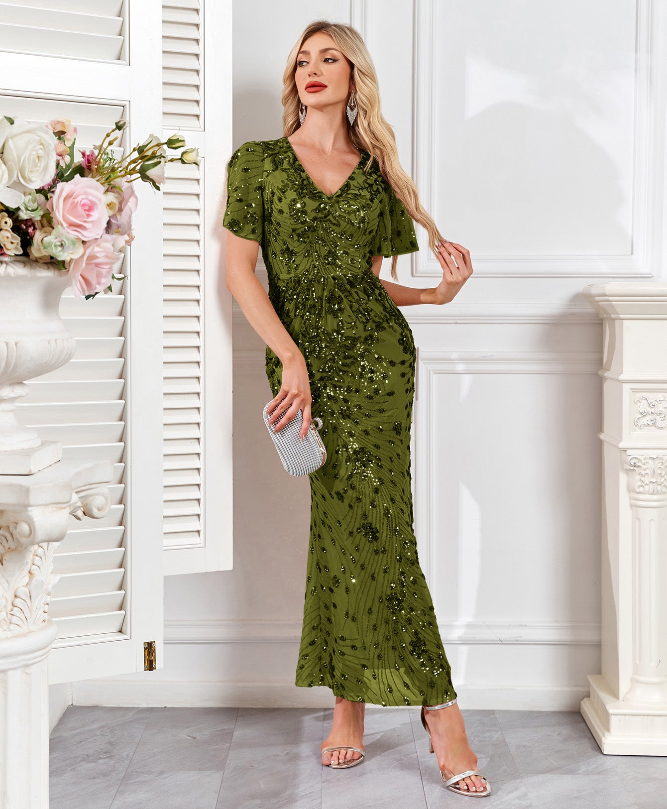 Champagne Gold Sequin Short Sleeve V Neck Midi Mermaid Evening Dress