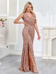 Rose Gold Sequin Surplice V‑Neck Sleeveless High Slit Evening Gown