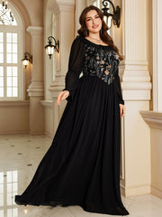 Black Floral Embroidery High Waist Plus Size Maxi Evening Dress