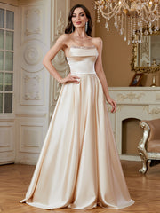 Champagne Beaded Strapless A‑Line High Slit Satin Evening Gown