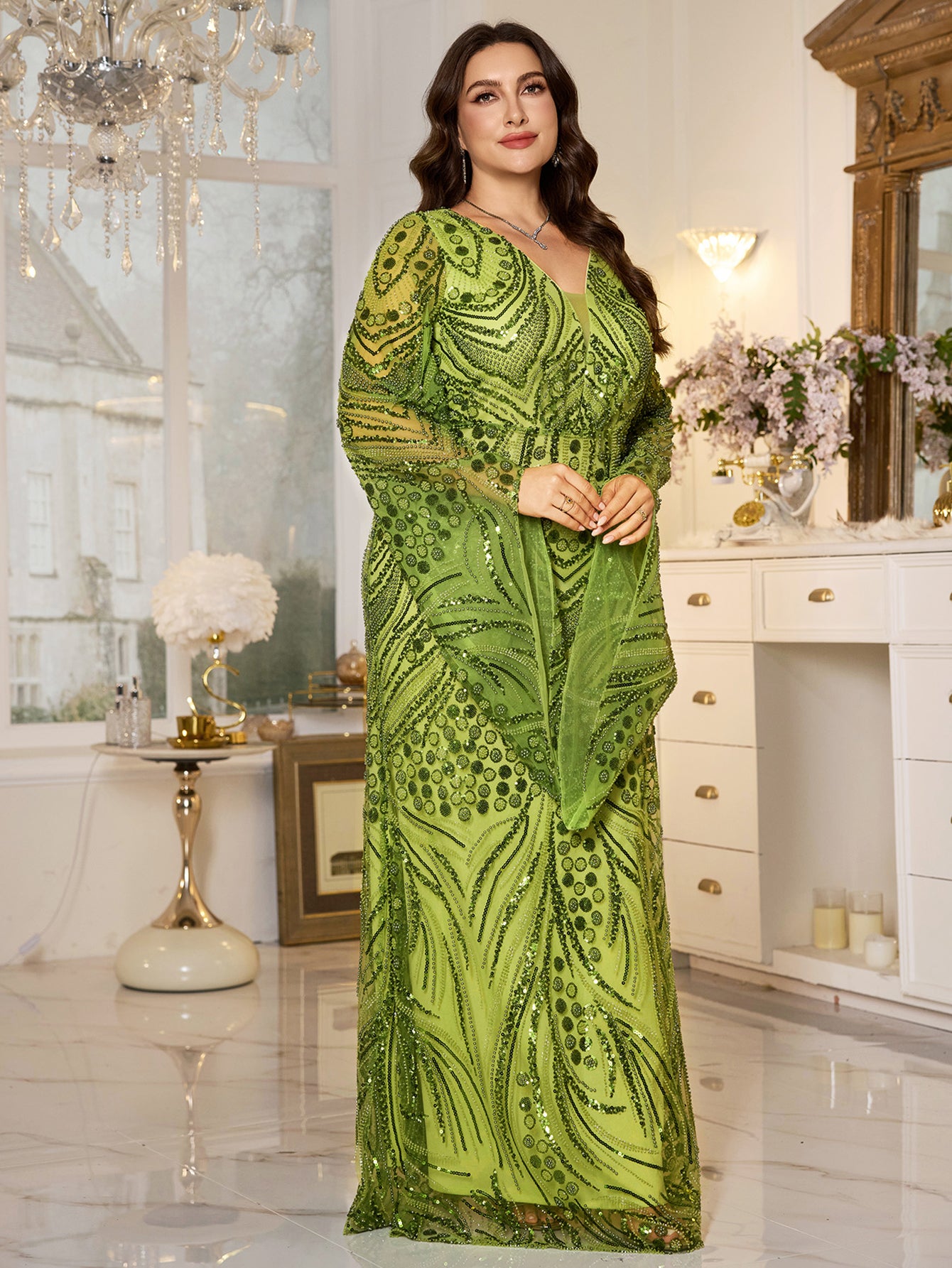 Lime‑Green Beaded Bell‑Sleeve Sheath Plus Size Evening Gown