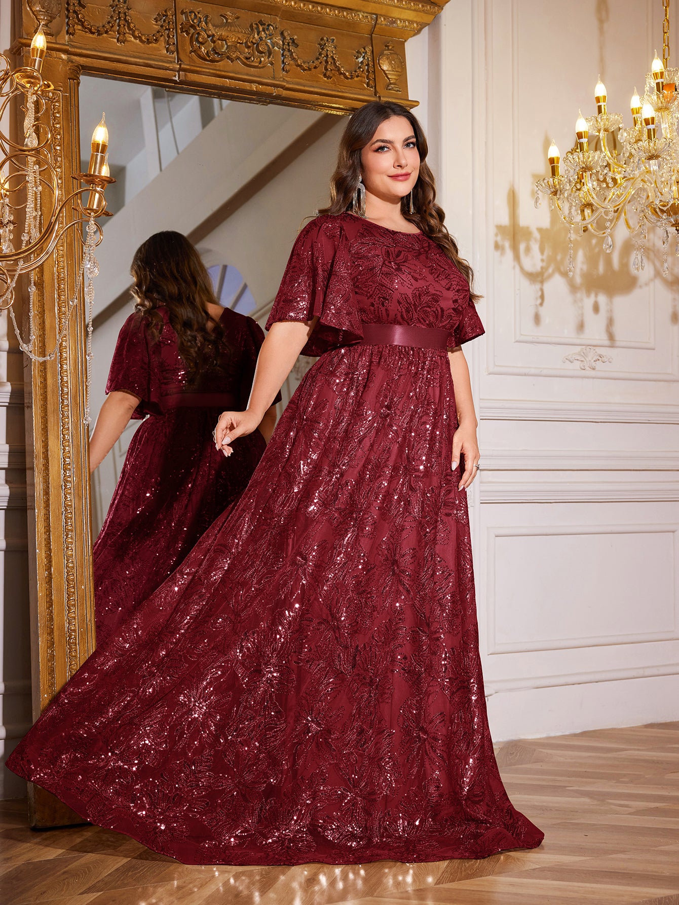 Rose Gold Sequin Flutter Sleeve Empire Waist A‑Line Plus Size Evening Gown