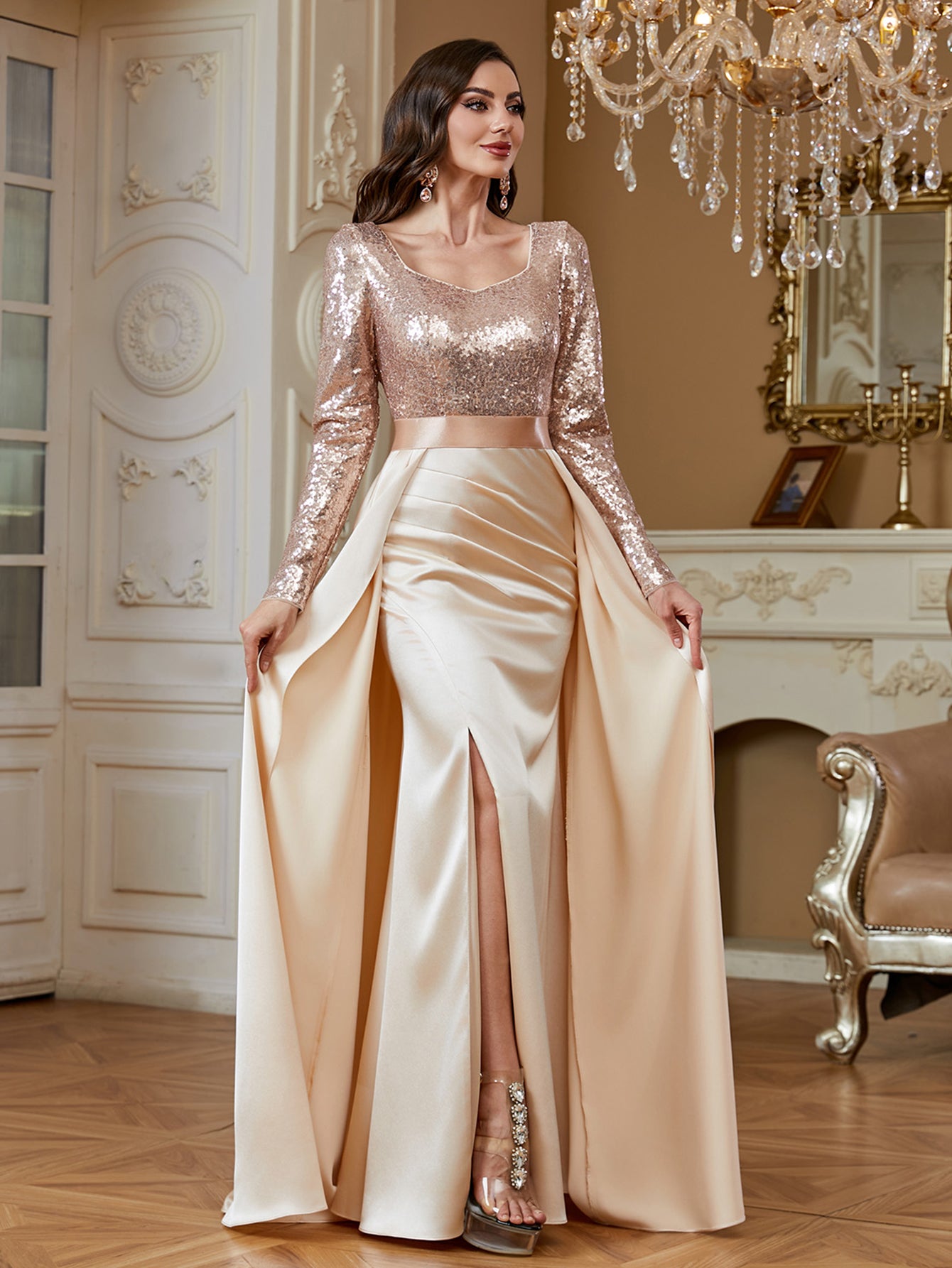 Stretch patchwork waistband and elastic satin skirt