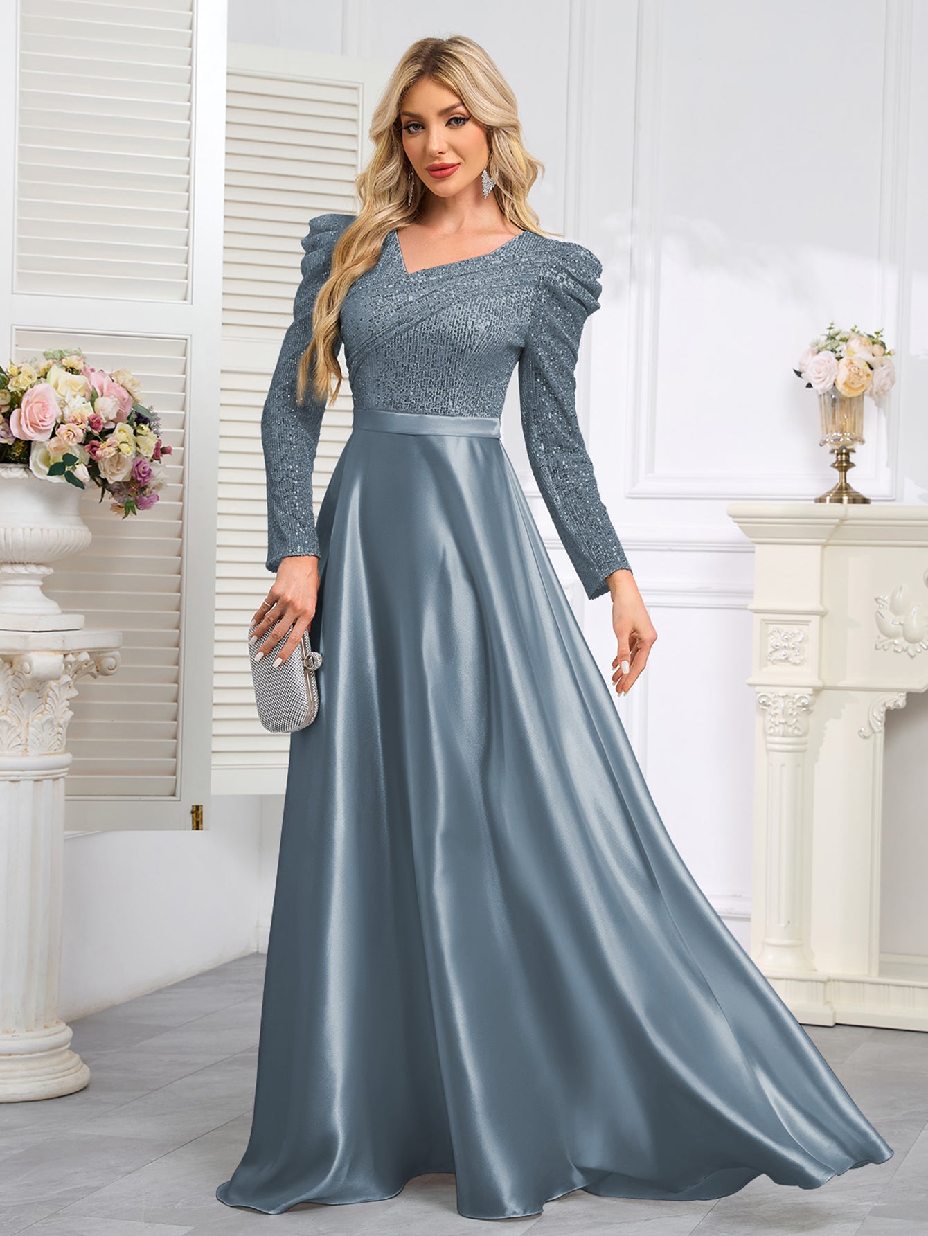 Dark Blue Satin Sequin Maxi Dress