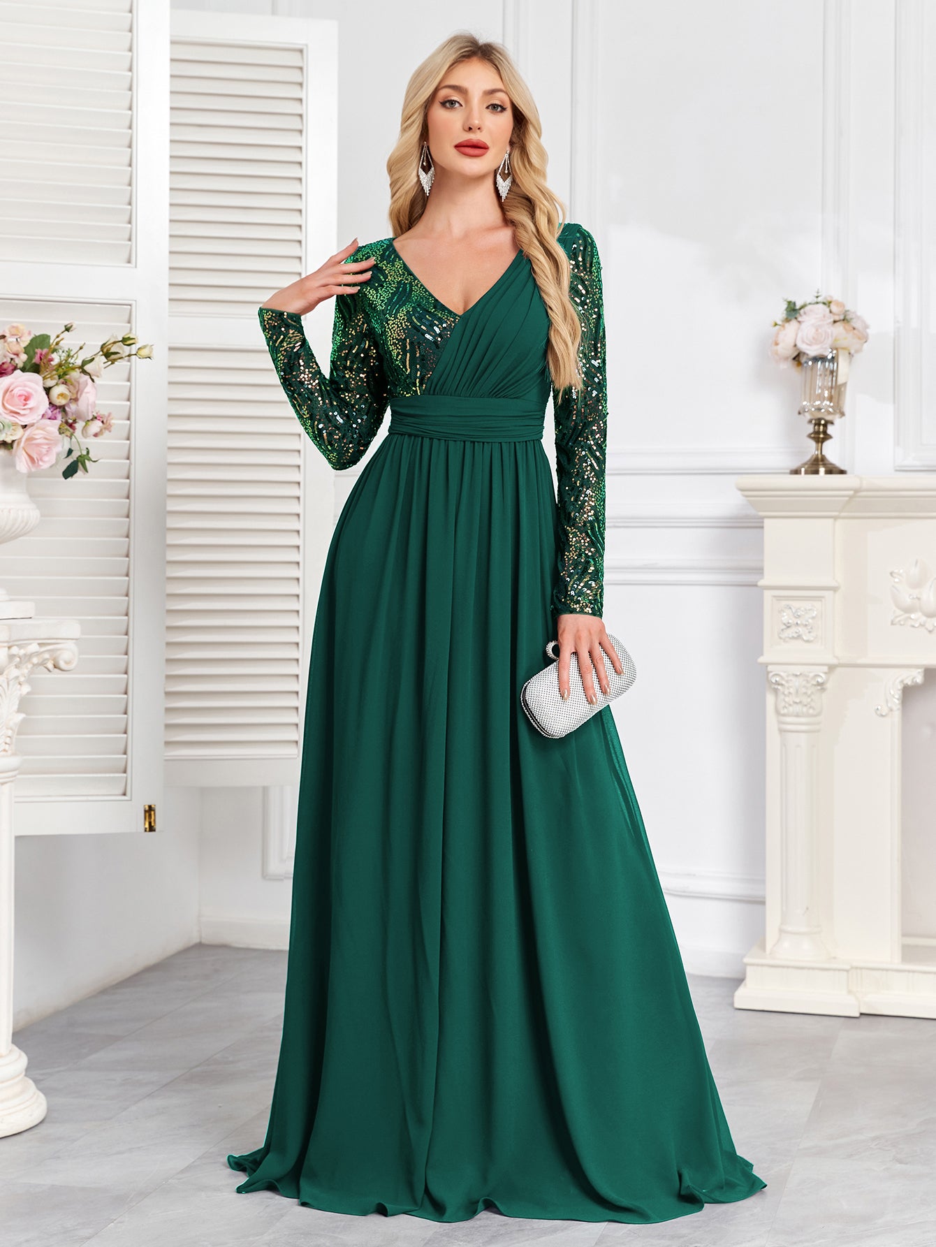 Navy Blue Multicolor Sequin Long Sleeve A‑Line Evening Gown
