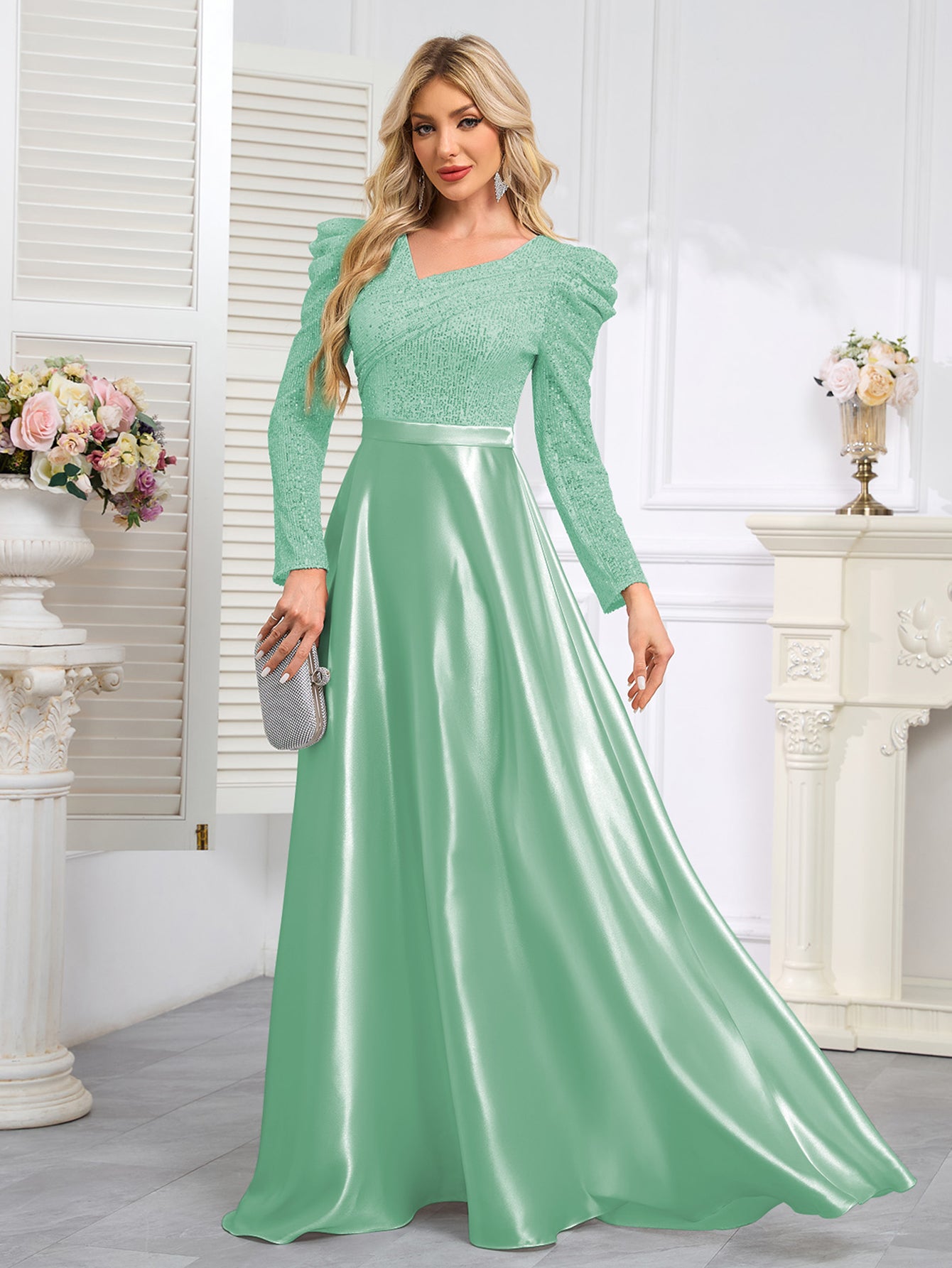 Dark Blue Satin Sequin Maxi Dress
