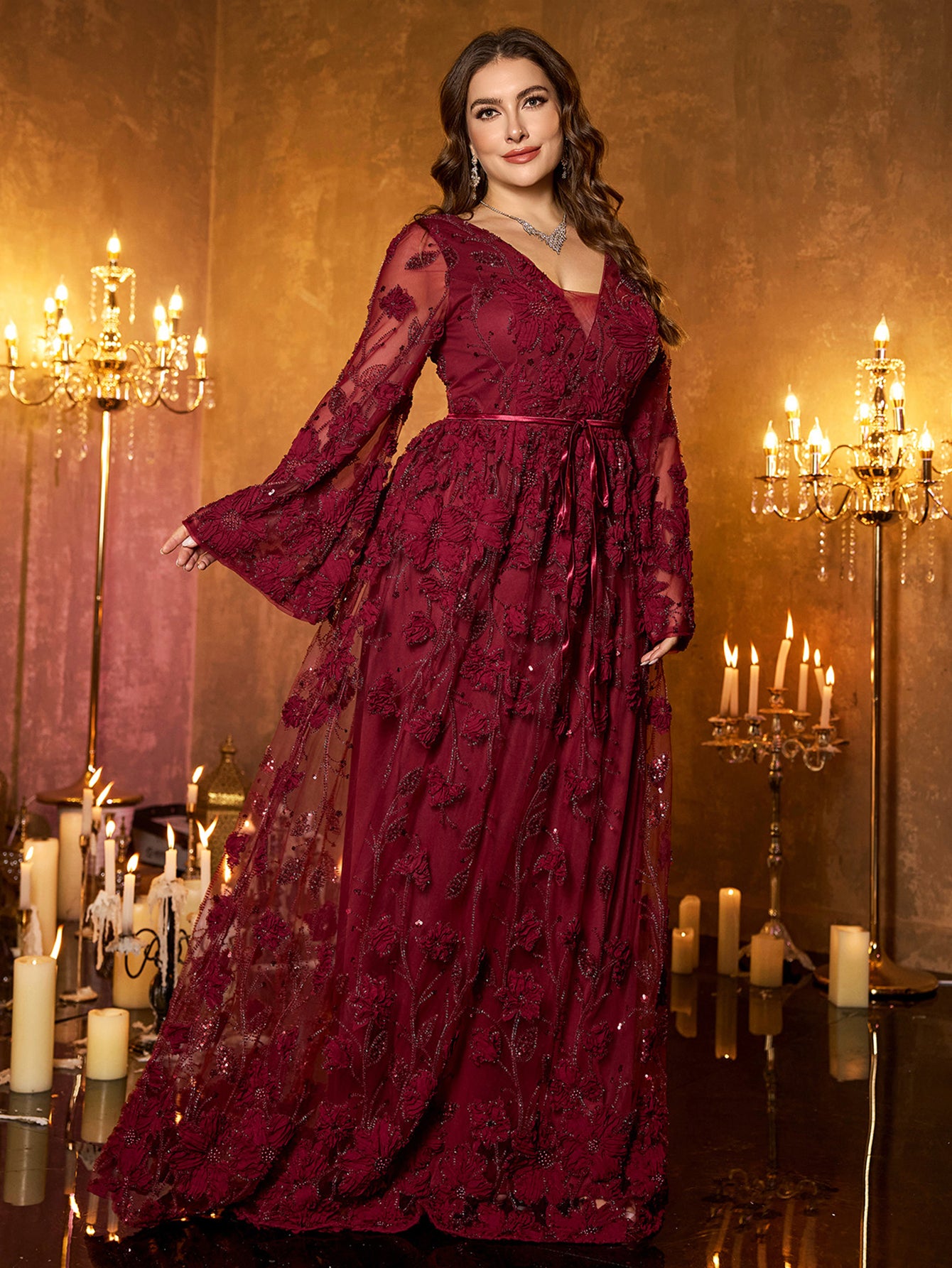 Burgundy Floral Sequin V‑Neck Flare Long‑Sleeve Plus‑Size A‑Line Evening Gown
