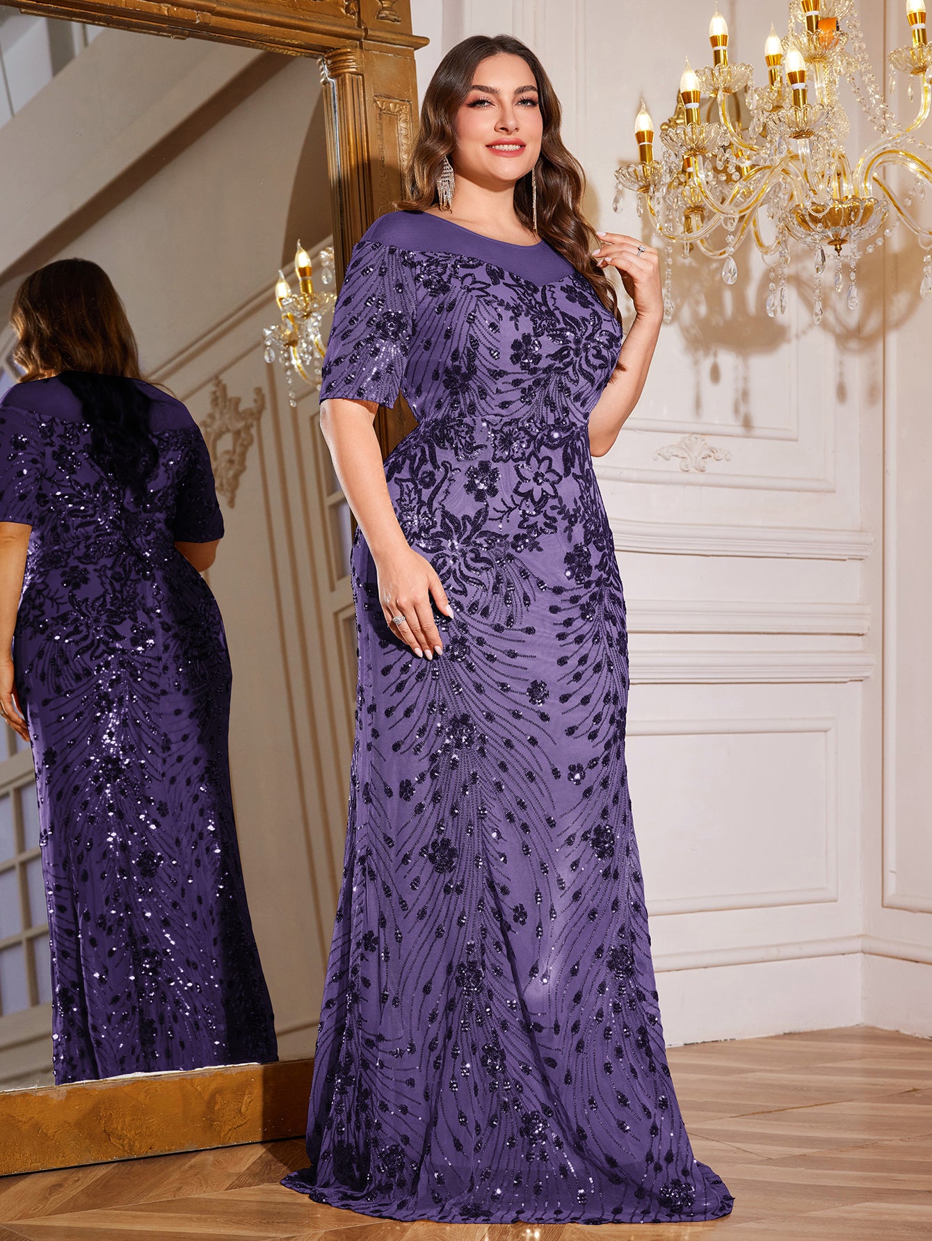 Teal Green Sequin Short Sleeve Mermaid Plus Size Evening Gown