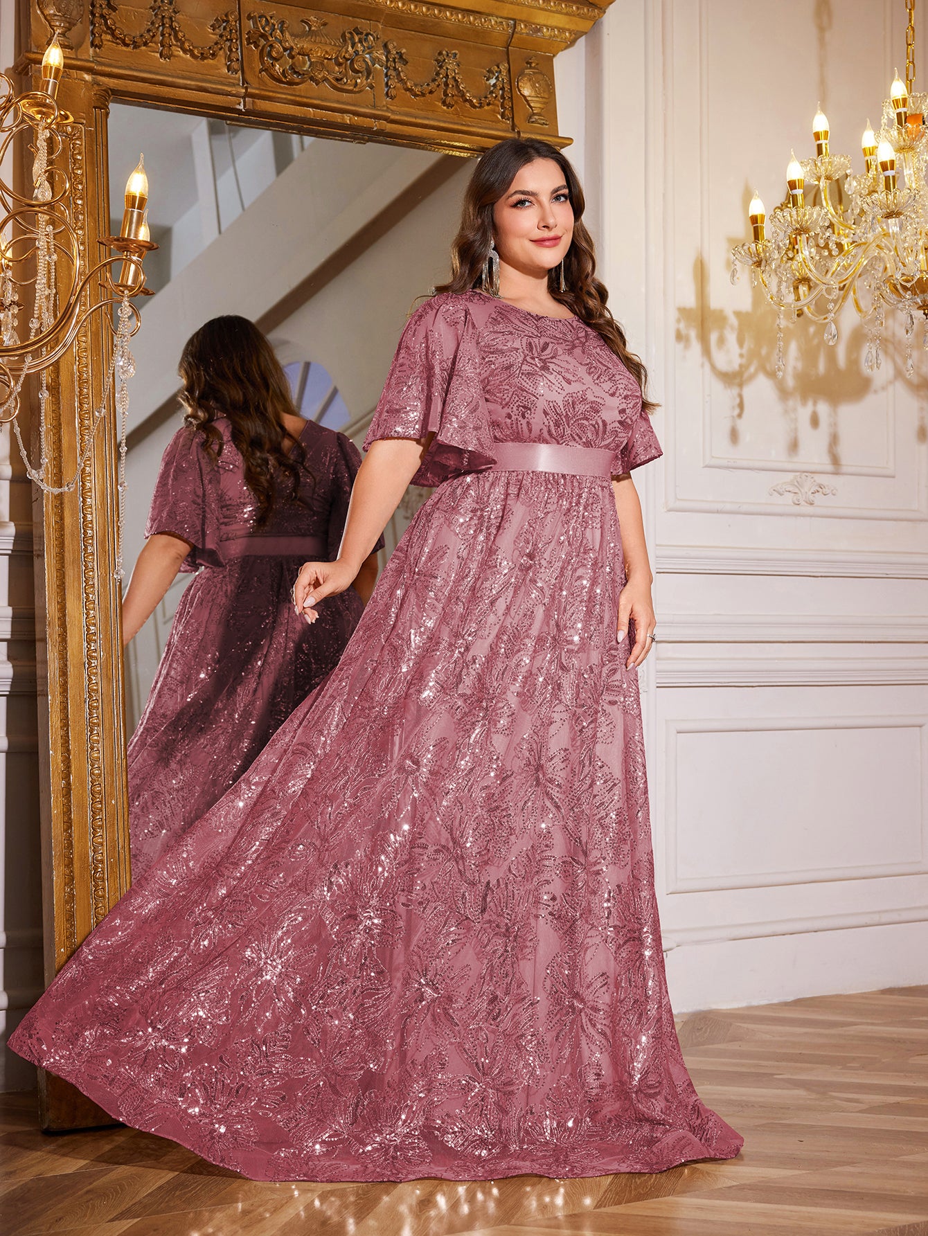 Rose Gold Sequin Flutter Sleeve Empire Waist A‑Line Plus Size Evening Gown