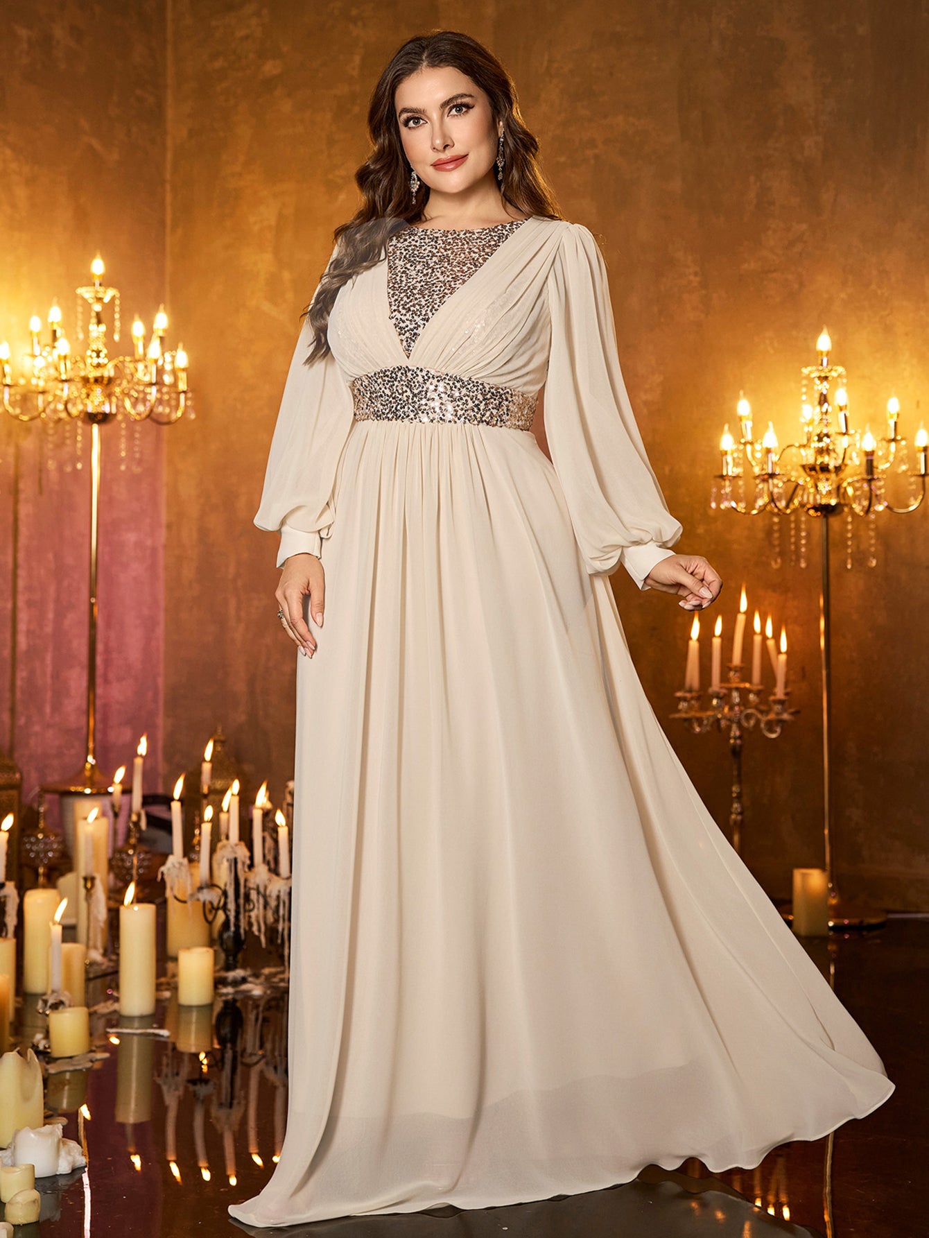 Off‑White Sheer Chiffon Lantern Sleeve Silver Beaded Waist Plus‑Size A‑Line Formal Dress