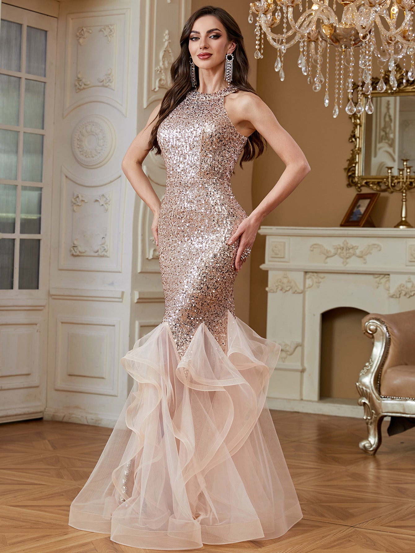 Rose Gold Sequin Halter Ruffle Tulle Mermaid Evening Gown
