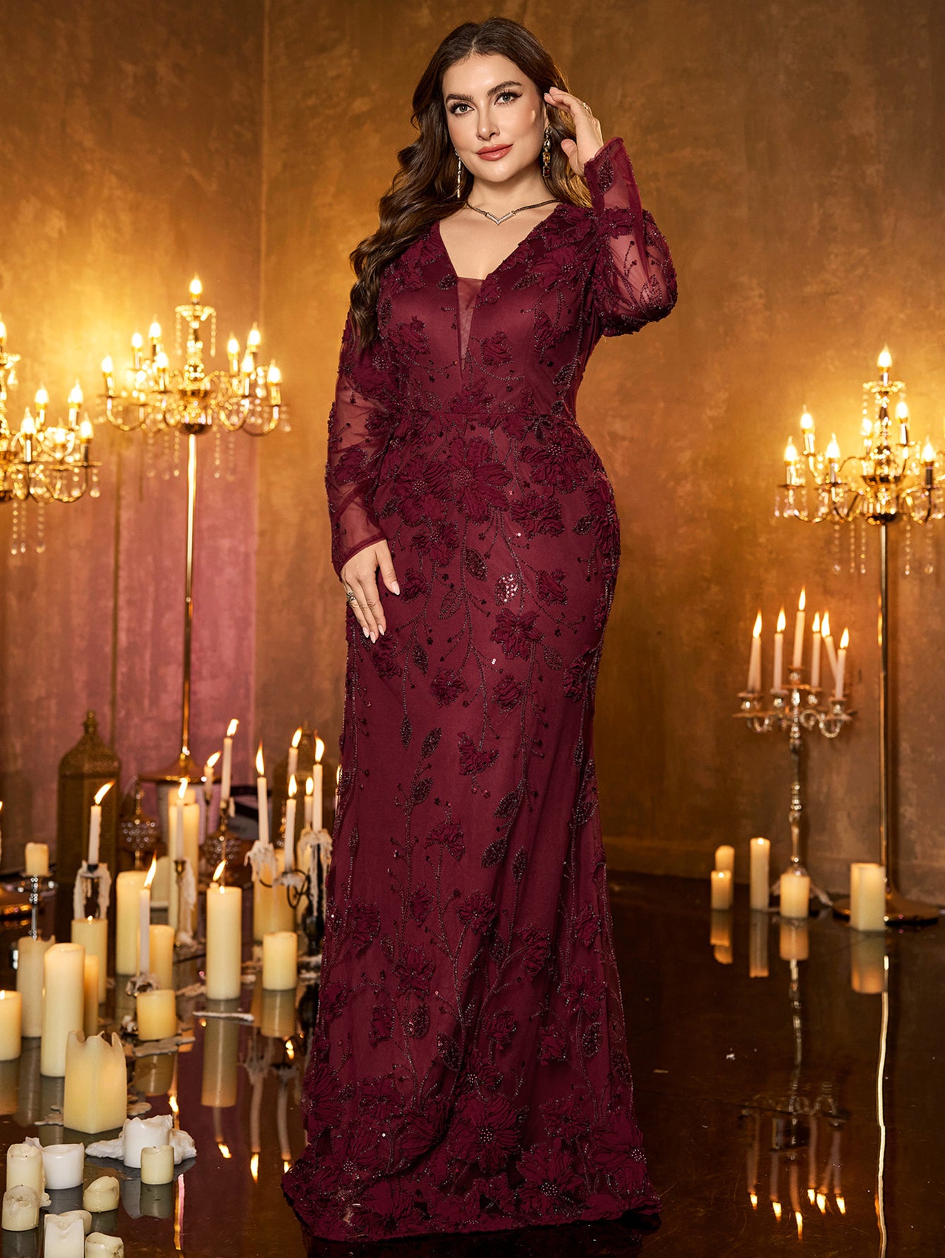 Burgundy Floral Embroidery Sequin Deep‑V Long‑Sleeve Plus‑Size Mermaid Evening Gown