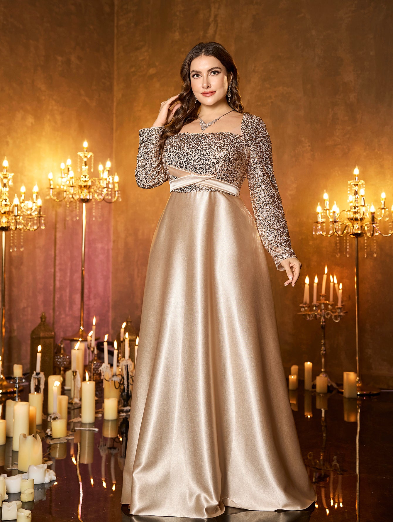 Champagne Silver Beaded High‑Waist A‑Line Plus Size Evening Gown