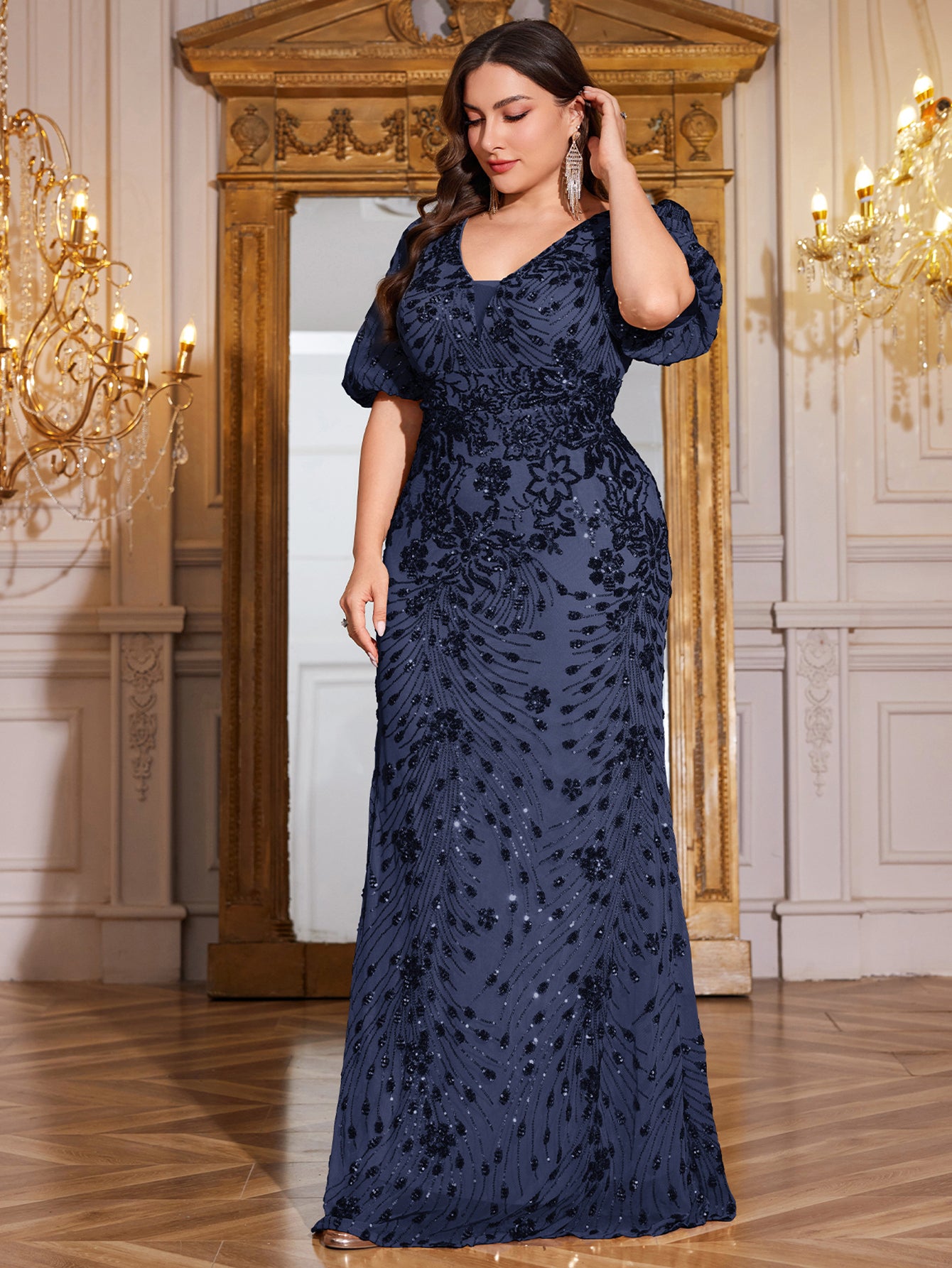 Navy Blue Sequin Puff Short Sleeve Mermaid Plus Size Evening Gown