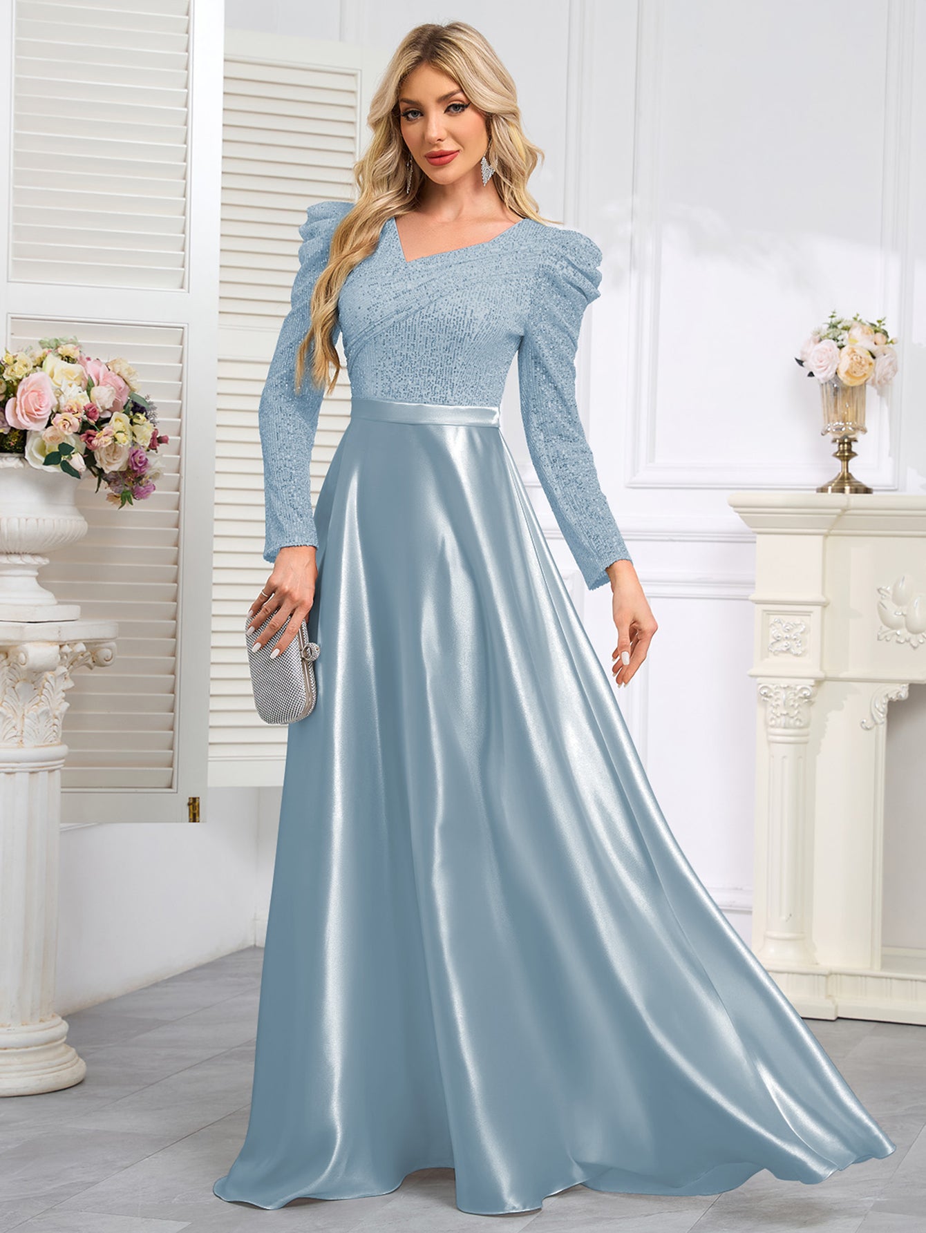 Dark Blue Satin Sequin Maxi Dress
