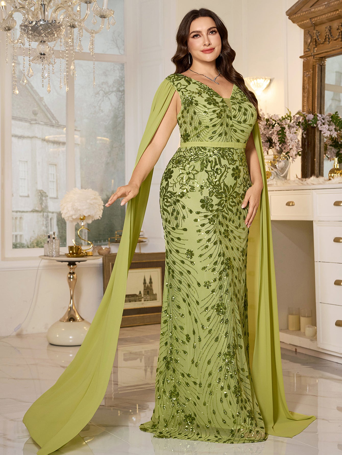 Avocado Green Floral Sequin V‑Neck Cape Sleeve Plus‑Size Mermaid Evening Gown