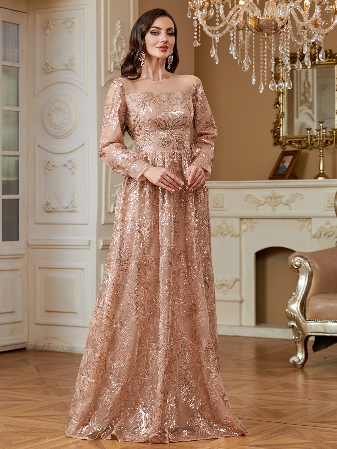 Rose Gold Floral Sequin Long Sleeve A‑Line Evening Gown